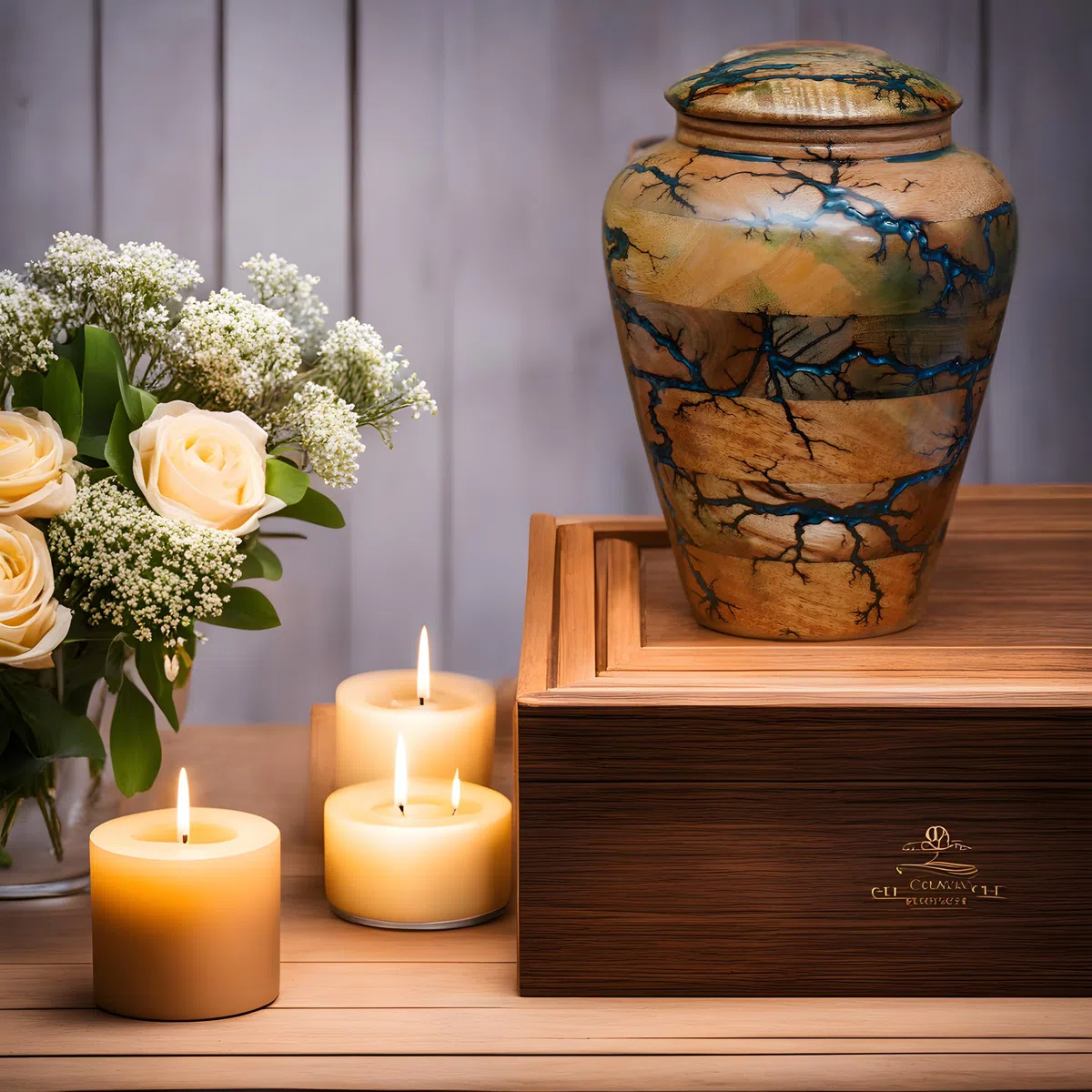 Urna de madera de mango azul océano con patrón de mármol para cenizas adultas, 10 x 7.5 x 8 pulgadas, 250 pulgadas cúbicas, urna de cremación