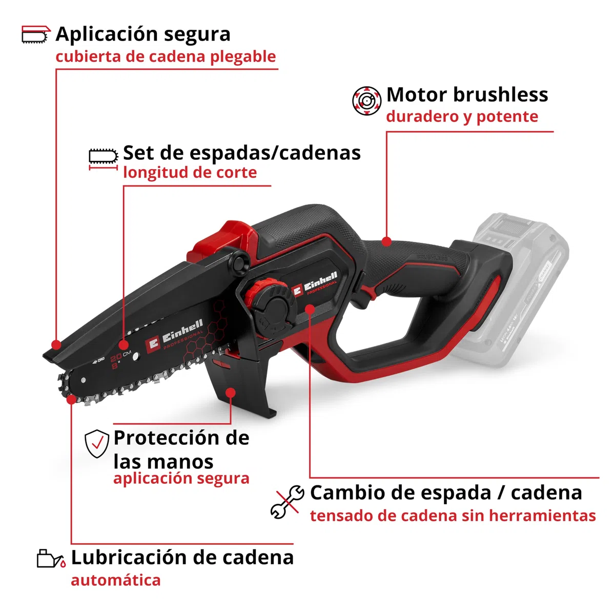 Einhell Professional motosierra de ramas con batería GP-PS 18/20 Li BL-Solo Power X-Change (18V, longitud de corte 15cm, brushless, velocidad de cadena 8m/s, lubricación de cadena autom., sin batería)