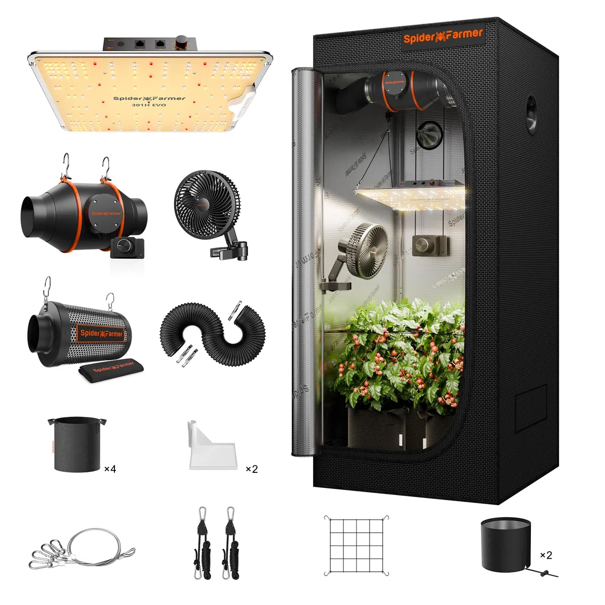 Spider Farmer Kit de Armario de Cultivo Completo 70x70x160cm SF-1000 Diodos Samsung Regulables 2.3x2.3ft Kit de Armario de Cultivo con Ventilador en Línea de 4 Pulgadas Filtro de Carbono