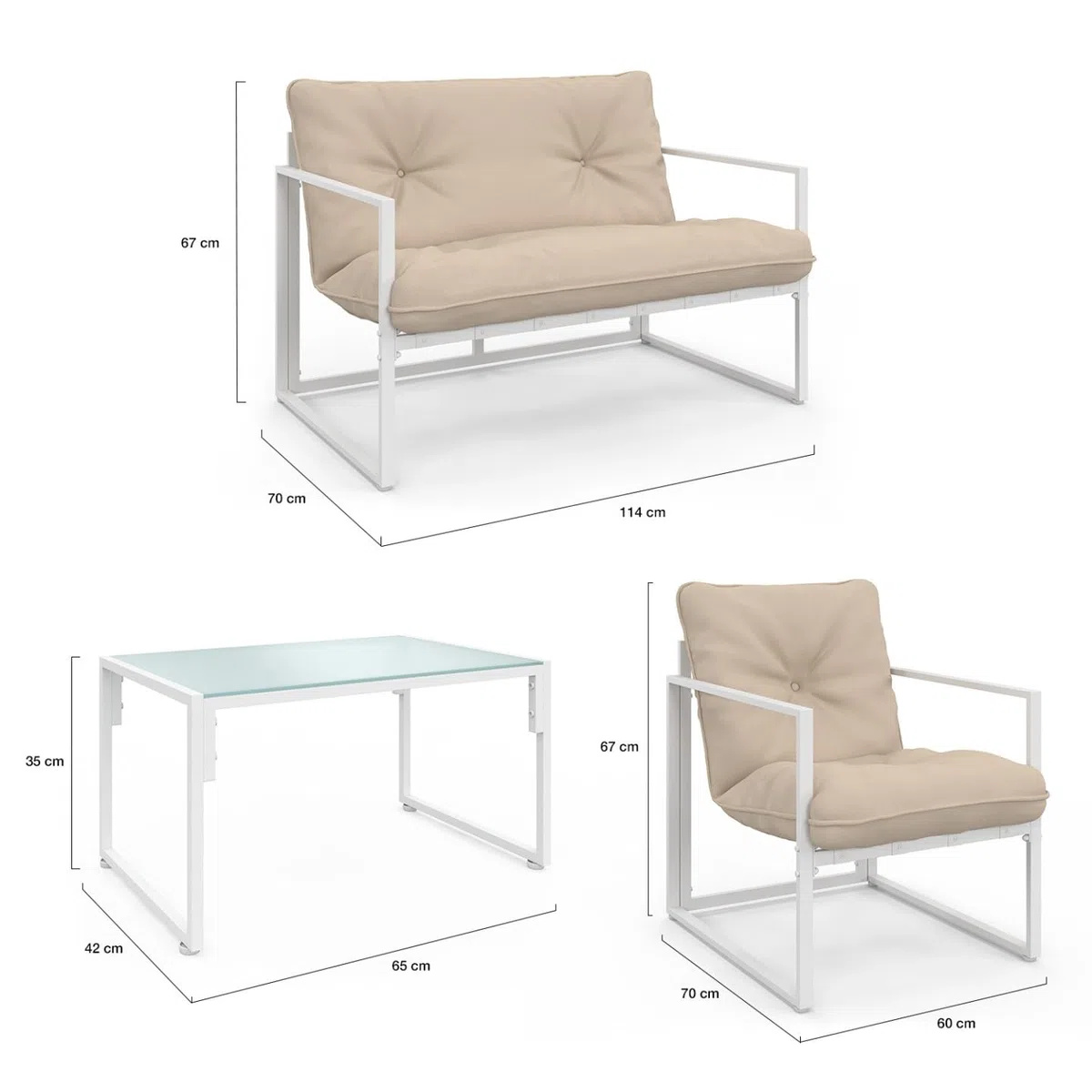 IDMarket - Salón de jardín bajo Nairobi 4 plazas de acero blanco y cojines beige