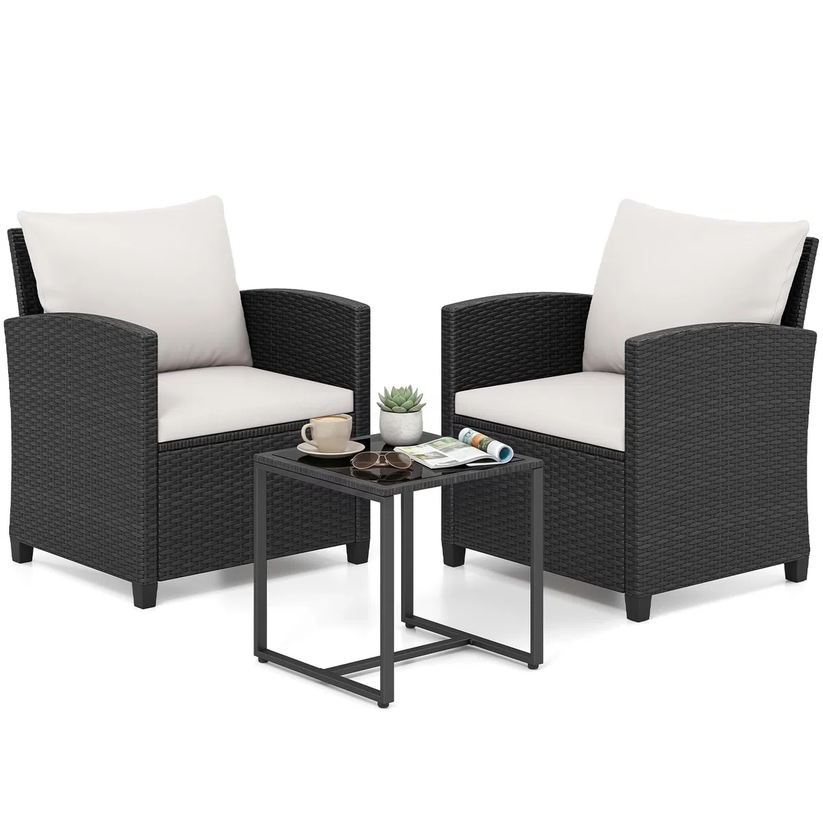 COSTWAY Conjunto Mesa y Sillas Jardin de 3 Piezas, Conjunto de Conversación de Ratán PE con 2 Sillas,Mesa Auxiliar de Vidrio Templado y Cojines con Funda Desmontable para Terraza Patio (Negro+Beige)
