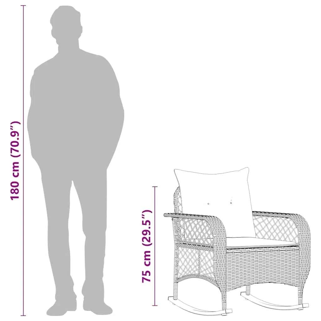Silla mecedora de jardín beige, ratán sintético, acero, 67x75x75 cm, resistente a UVA, capacidad 110 kg