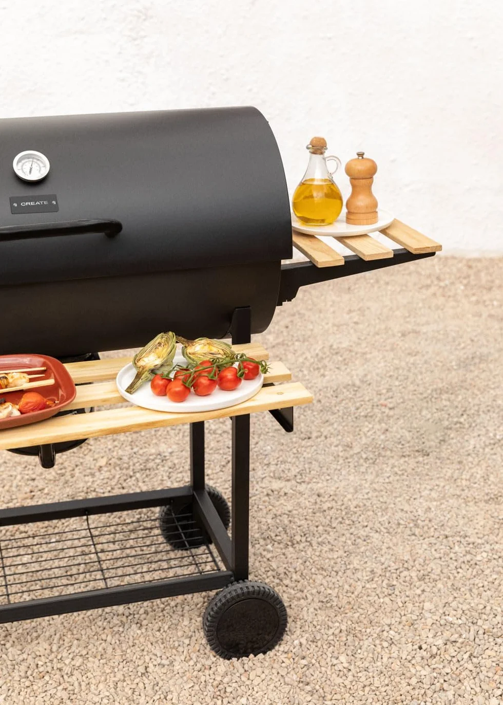 CREATE/BBQ SMOKEY/Barbacoa ahumadora de carbón con ruedas negro/De acero inoxidable, parrilla superior, control de temperatura, bandeja frontral y lateral, fácil de transportar