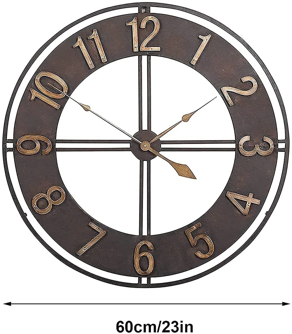 SBTXHJWCGLD Reloj de Pared Grande para jardín al Aire Libre de 60 cm, Reloj de jardín de Cara Abierta de Metal, Resistente al Agua, para Exteriores, Interior, para Sala de Estar, Moderno, giga