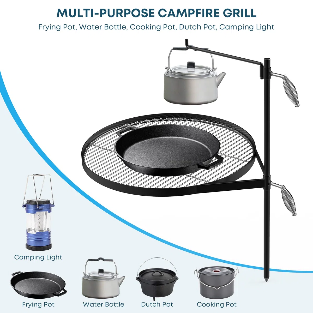 onlyfire Asadores Regulable para Barbacoas,con Parrilla de 62 cm y Barra de Barbacoa,Parrilla Portátil de Acero Inoxidable para Cocinar al Aire Libre en Camping y Picnic al Aire Libre