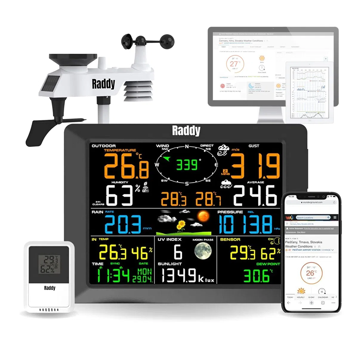 Raddy WF-100C Estación meteorológica wifi profesional con sensor inalámbrico para exteriores, pantalla de 8", barómetro, indicador de viento, indicador de lluvia, sensor solar para el hogar, el jardín