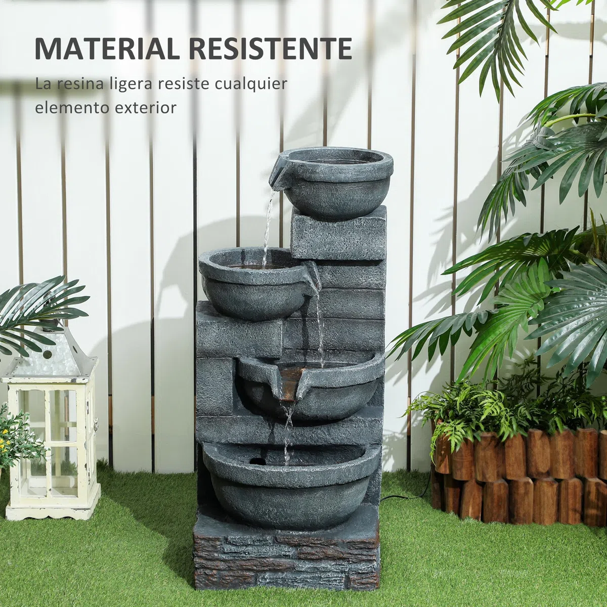 Outsunny Fuente de Agua Fuente de Jardín con Iluminación LED Fuente Decorativa en Cascada de 4 Niveles para Jardín Patio Terraza 38x35x78,5 cm Gris