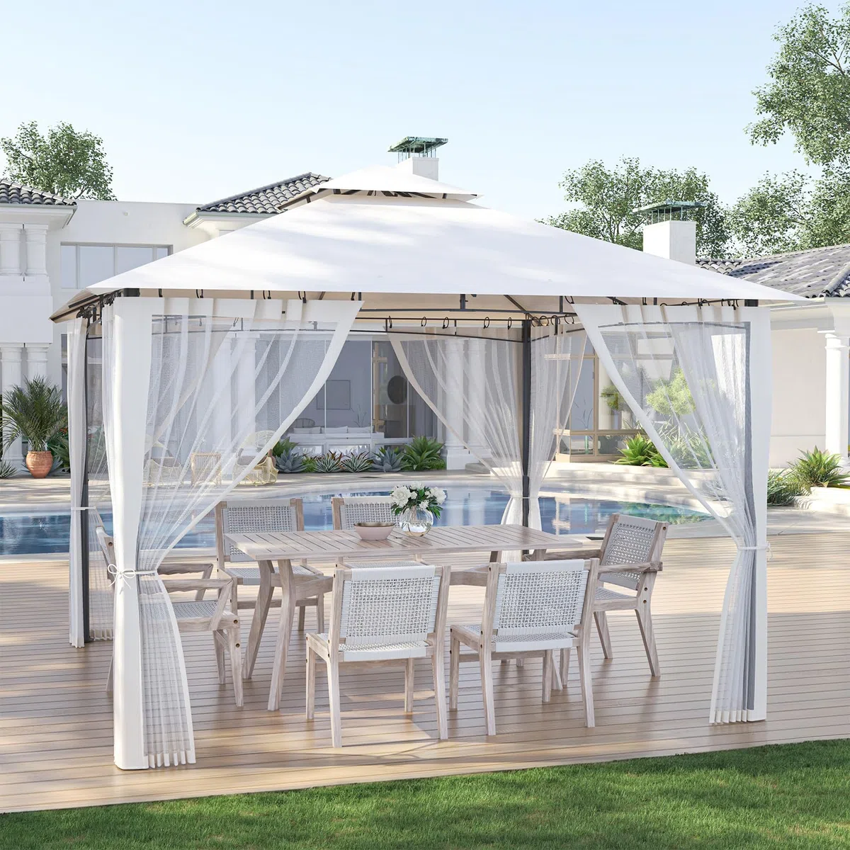 Amopatio Cenador de Jardín, 2.75x2.75m, Doble Techo Impermeable con Mosquitera Incluida - Pergola Exterior de Metal para Fiestas, cenador de Metal para Piscina,Beige