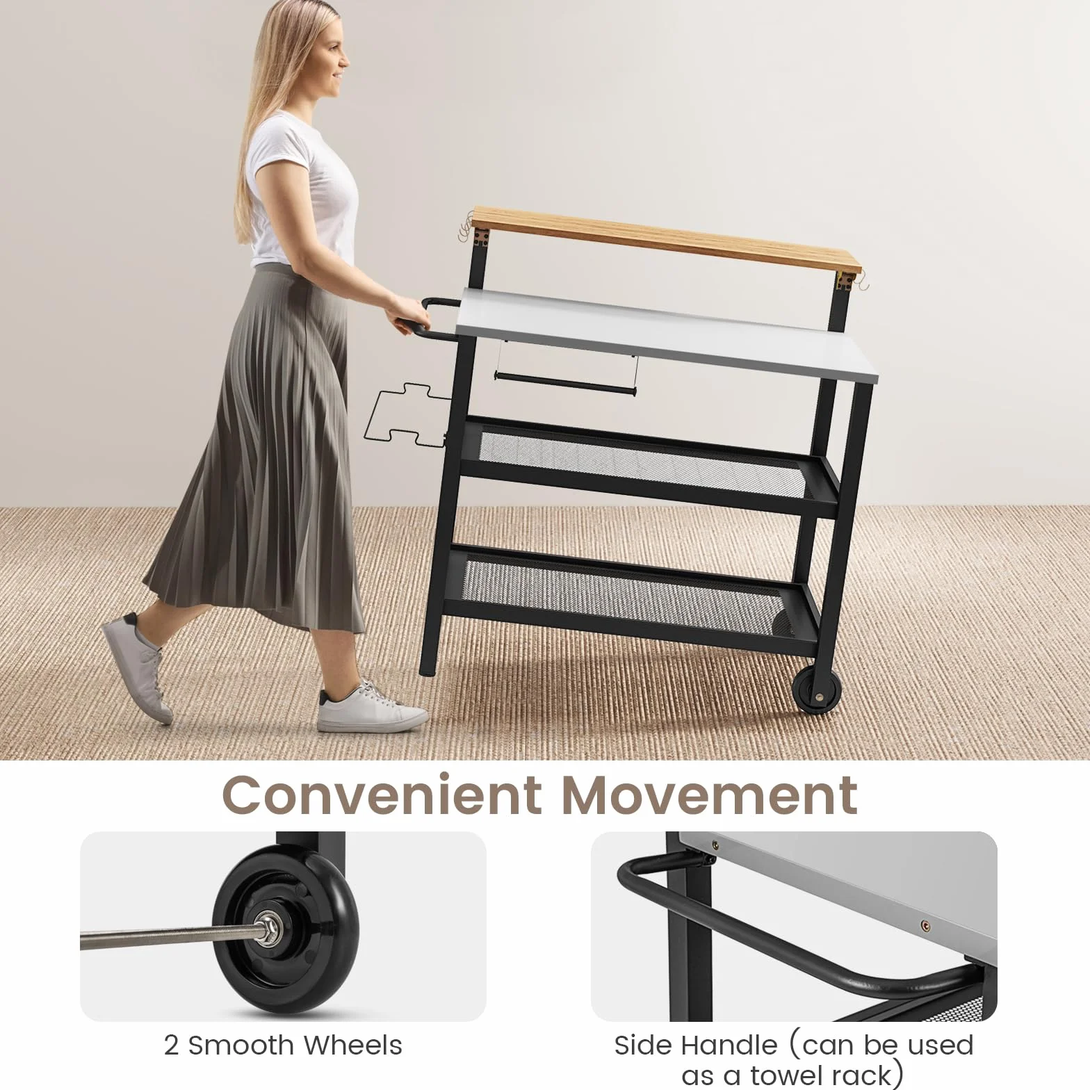 GIANTEX Carro de Cocina Multifuncional 4 Niveles, Carrito de Servicio con Tablero Plegable, Portarrollos de Pañuelos, Portabolsas y Ganchos, 2 Ruedas, Carro de Barbacoa para Patio, Balcón