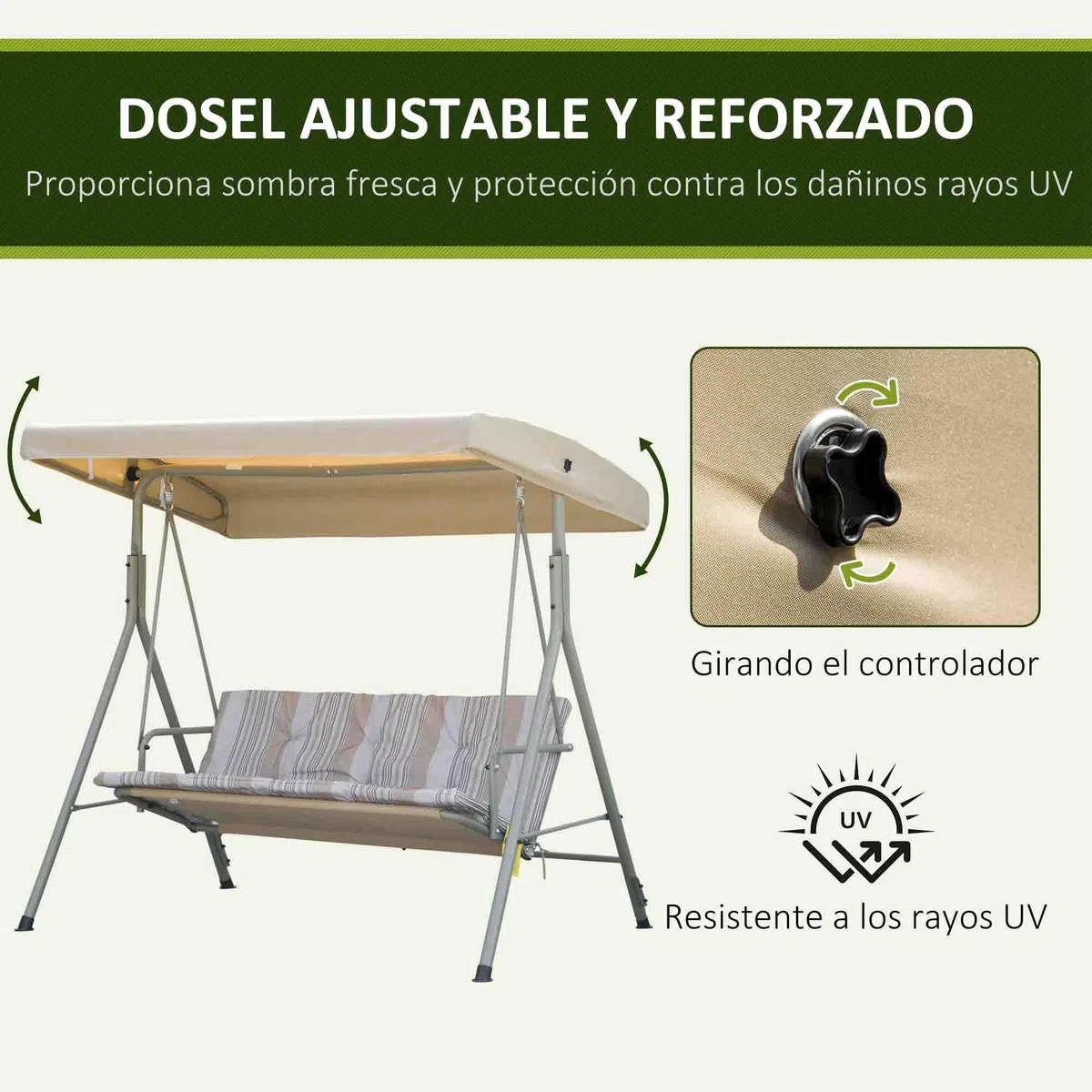 Outsunny Columpio de Jardín Exterior de 3 Plazas, Balancín de Jardín Exterior con Techo Ajustable y Marco de Acero, para Balcón, Terraza, Patio, Carga 210 kg, 172x110x156 cm, Marrón Claro