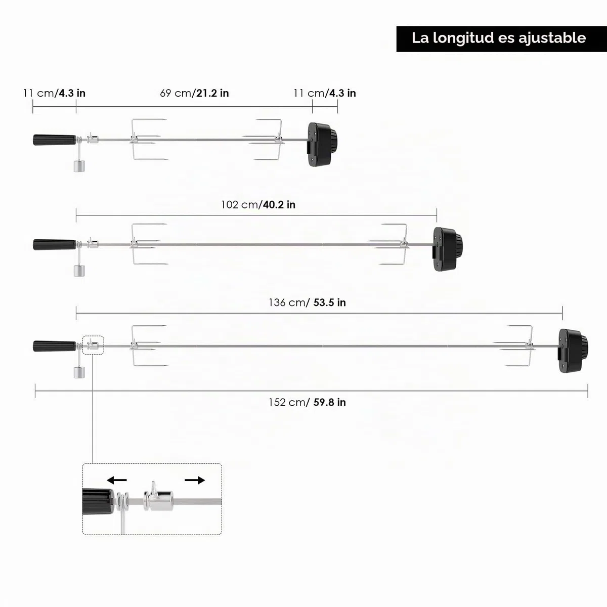 Asador Giratorio Electrico con 2 Agujas de Carne y Motor, Alimentado pour Cable USB y Adaptador, Pincho Asador pour Parrillas de Gas, Carros de Parrilla, Longitud Ajustable 69-137 cm
