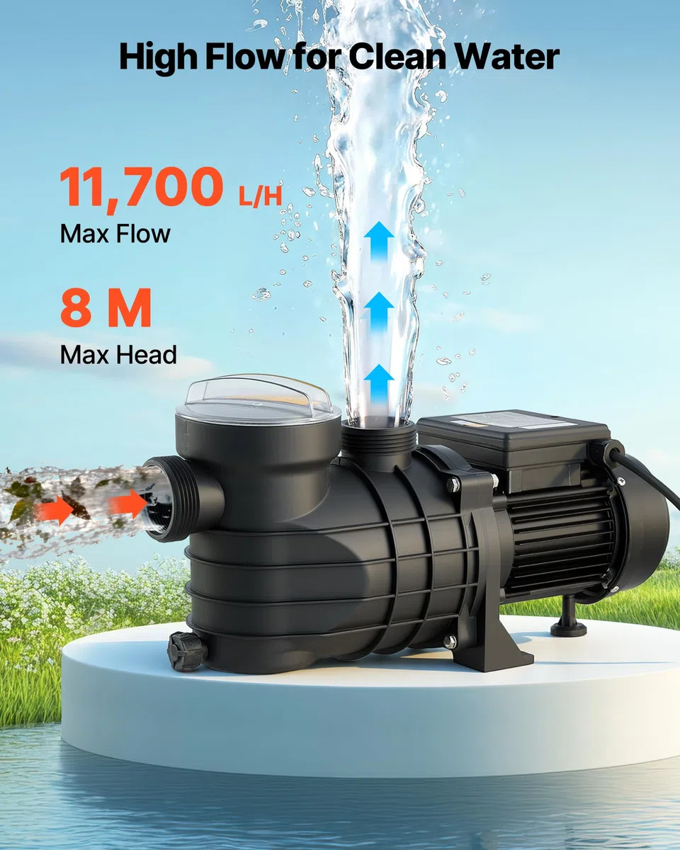 VEVOR Bomba para Piscina Elevada 250 W Caudal Máximo de 11.700 L/H Bomba de Filtración para Piscina de Una Sola Velocidad, CA 220-240 V 2850 RPM, Altura de Elevación Máxima de 8 m, con Filtro y Tapa