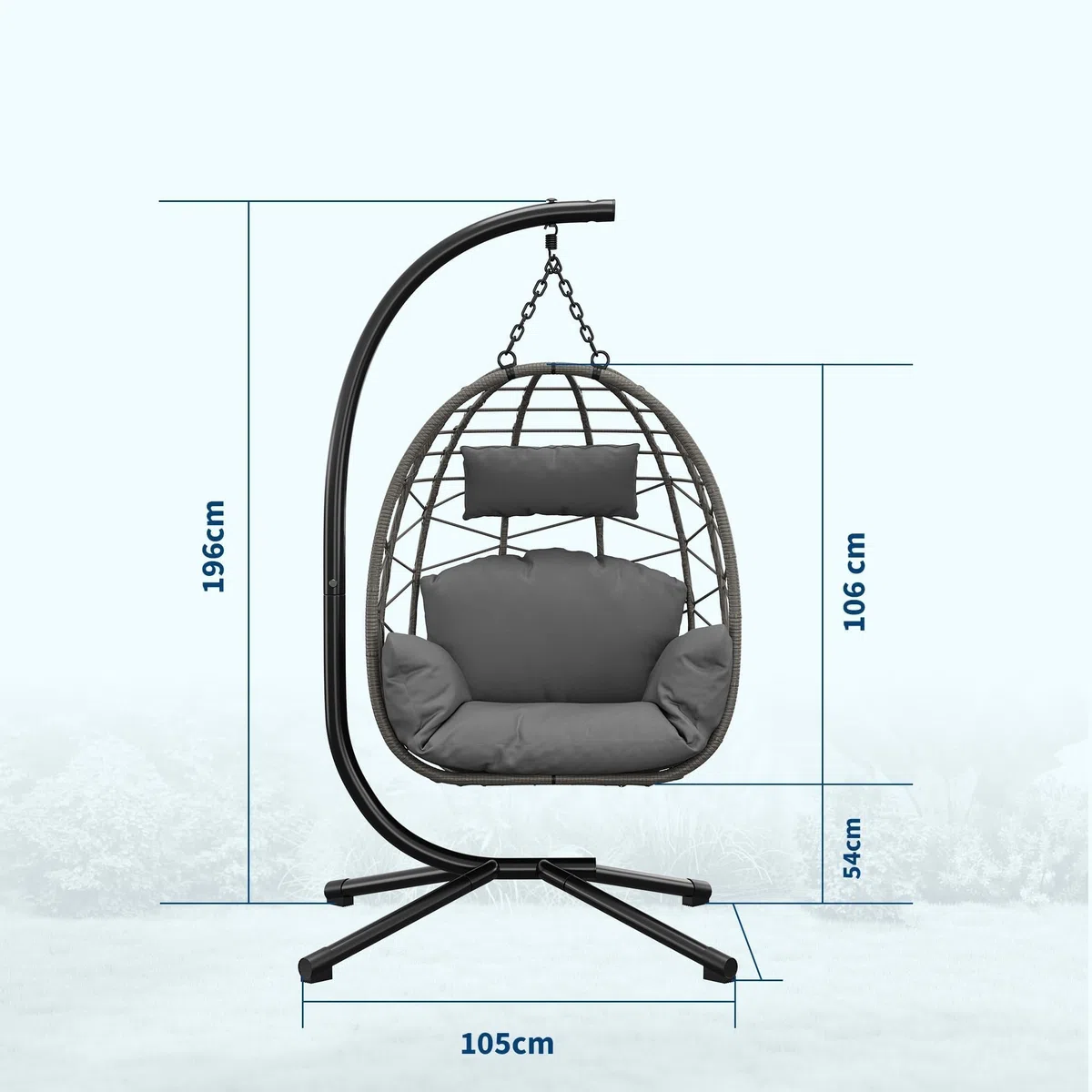 Silla Colgante con Soporte Metálico - Columpio Huevo 150 kg Cojines Incluidos - Estructura Estable para Jardín, Balcón o Patio - Hamaca Colgante Exterior Gris,Gris