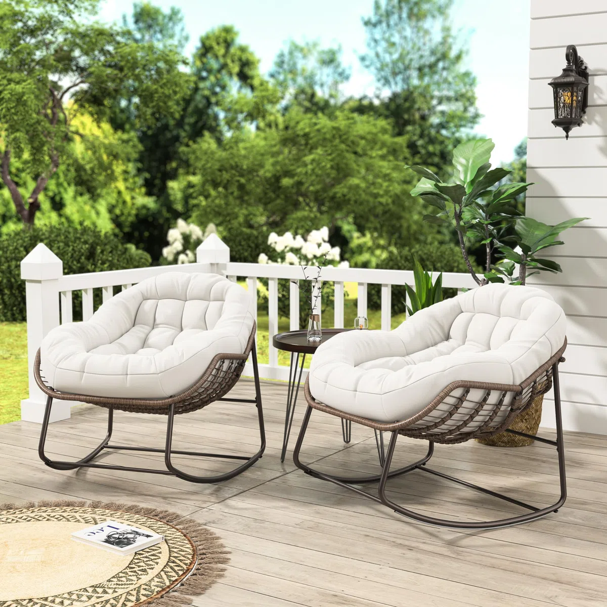 KeepGoon Mecedora de ratán para exteriores con acolchado, estilo escandinavo, silla de lactancia, silla de ocio, silla de ocio, tela impermeable, soporte de acero para salón, dormitorio, patio (beige)