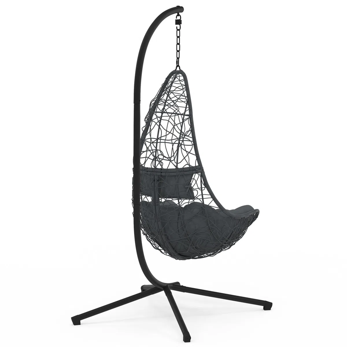 IDMarket - Silla colgante de media luna efecto ratán calado gris con cojín gris