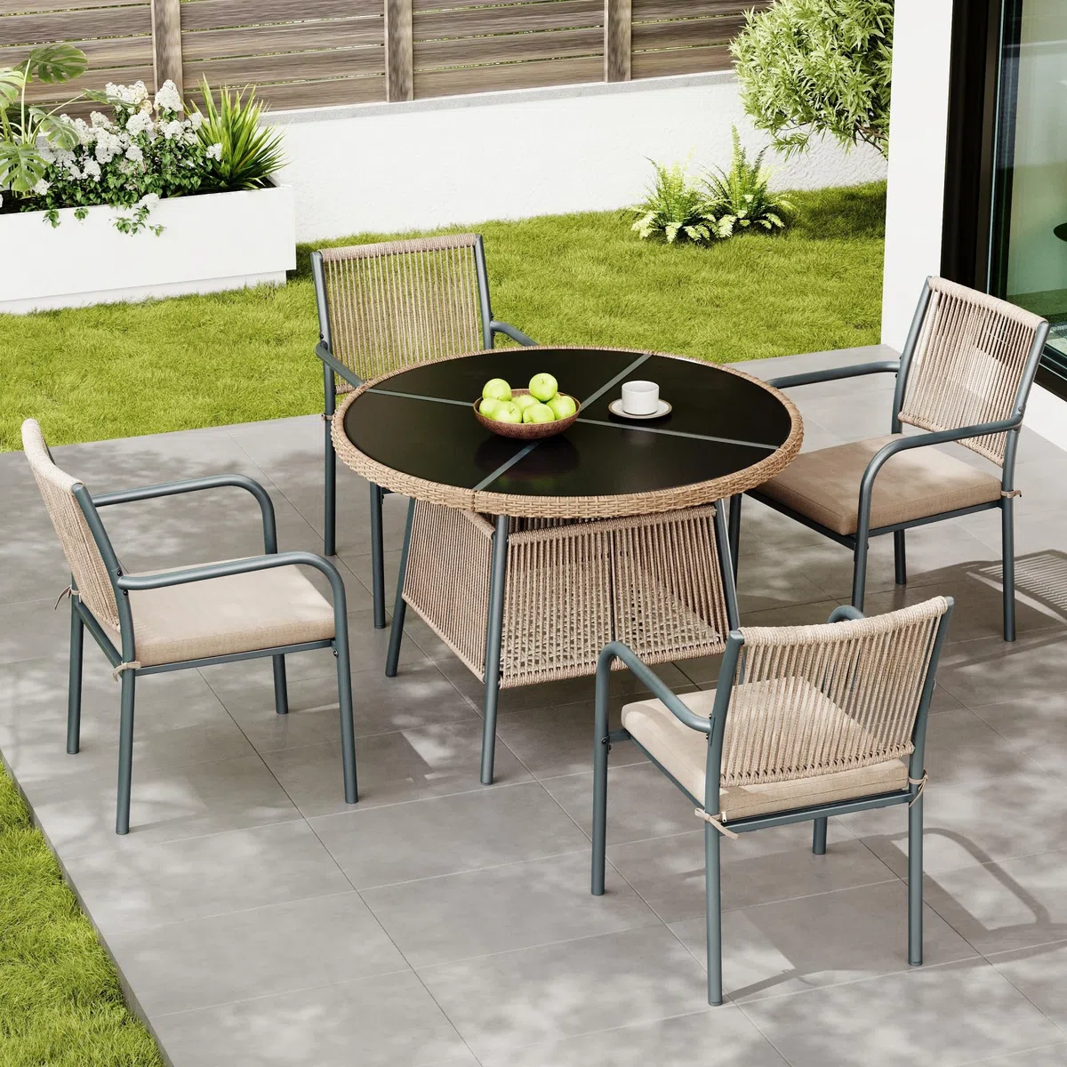 Conjunto Mesa y Sillas Jardín Ratán PE 5 Piezas, Conjunto Jardin Exterior con 1 Mesa de Comedor Redonda y 4 Sillones, Mesa y Sillas Terraza Exterior con Cojines, Marco Metálico, Gris