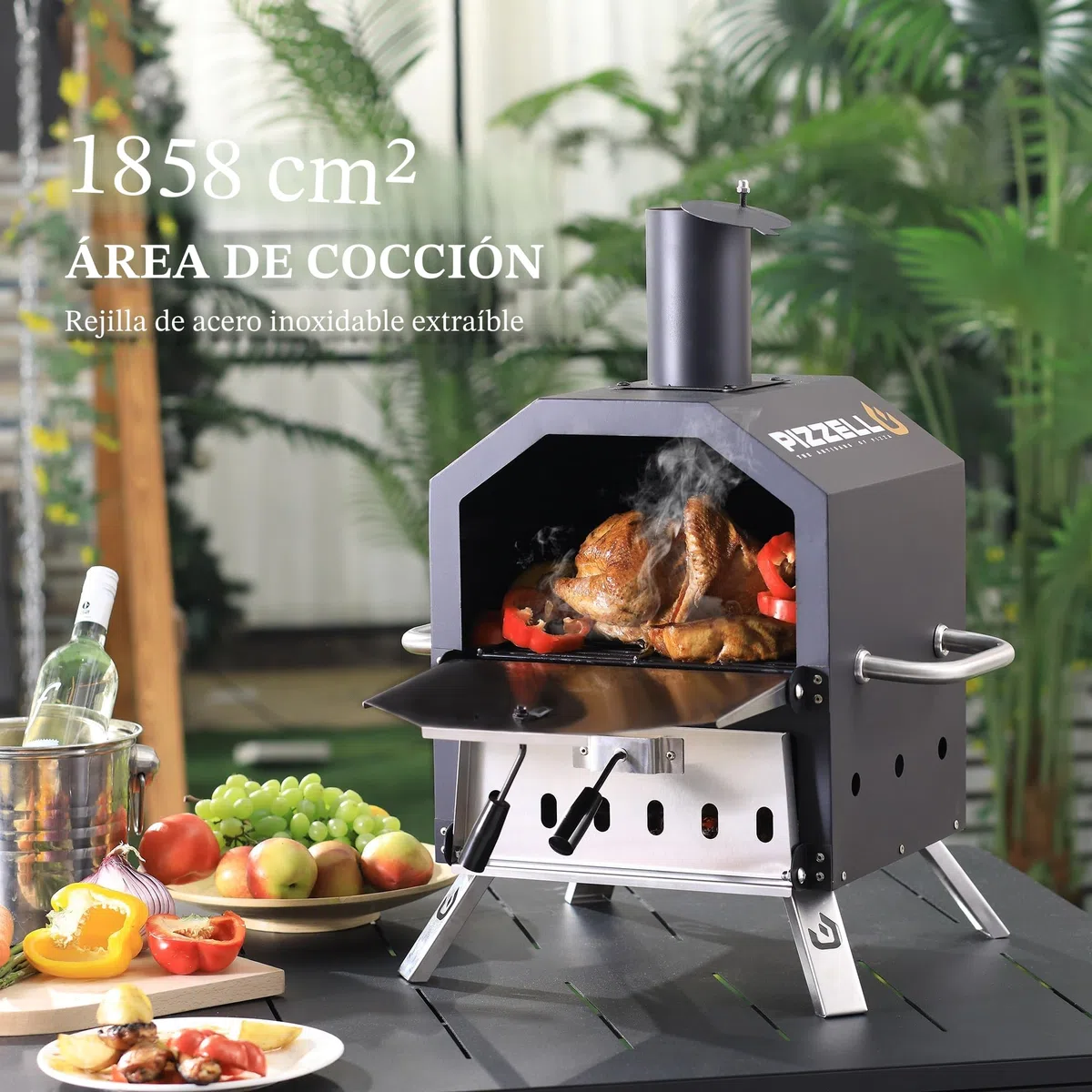 Pizzello Horno de pizza al aire libre de 2 capas de leña, horno de pizza exterior de 12 pulgadas con piedra, pelador de pizza, cubierta, estante de cocina extraíble para camping, patio trasero,
