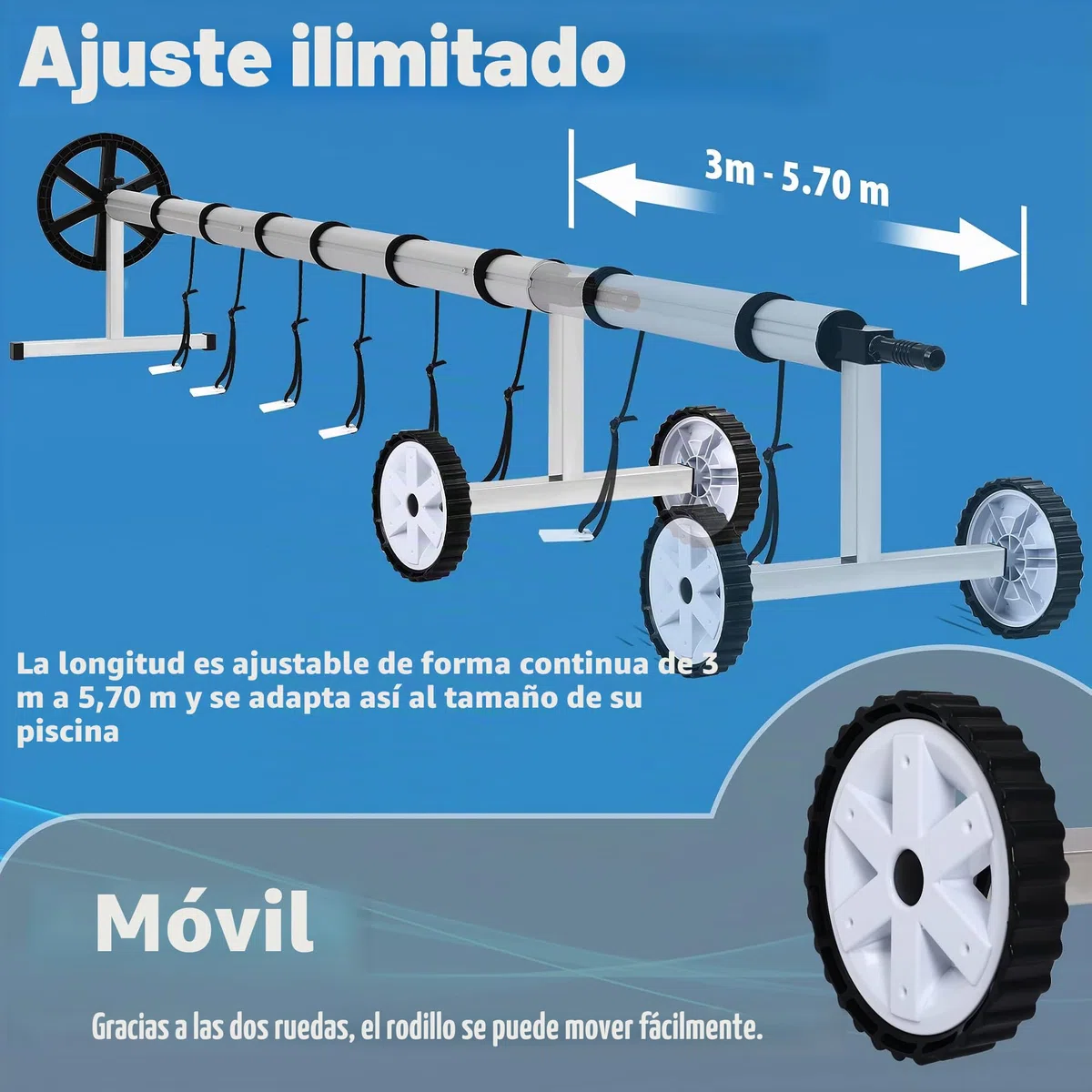 Sistema de enrollado para piscina, accesorios para lonas de piscina, lona solar, incluye cintas y ruedas, 3-5,7 m