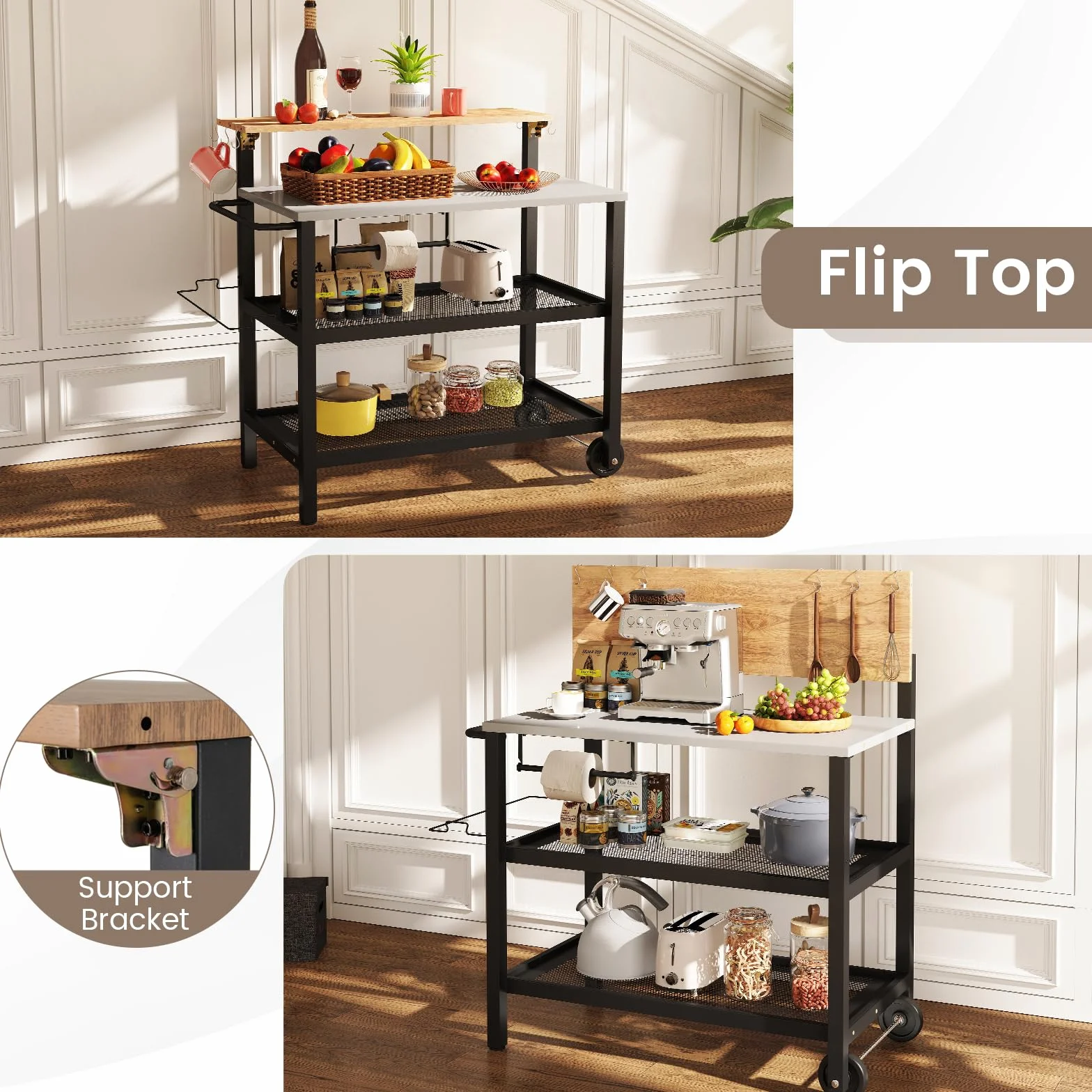 GIANTEX Carro de Cocina Multifuncional 4 Niveles, Carrito de Servicio con Tablero Plegable, Portarrollos de Pañuelos, Portabolsas y Ganchos, 2 Ruedas, Carro de Barbacoa para Patio, Balcón