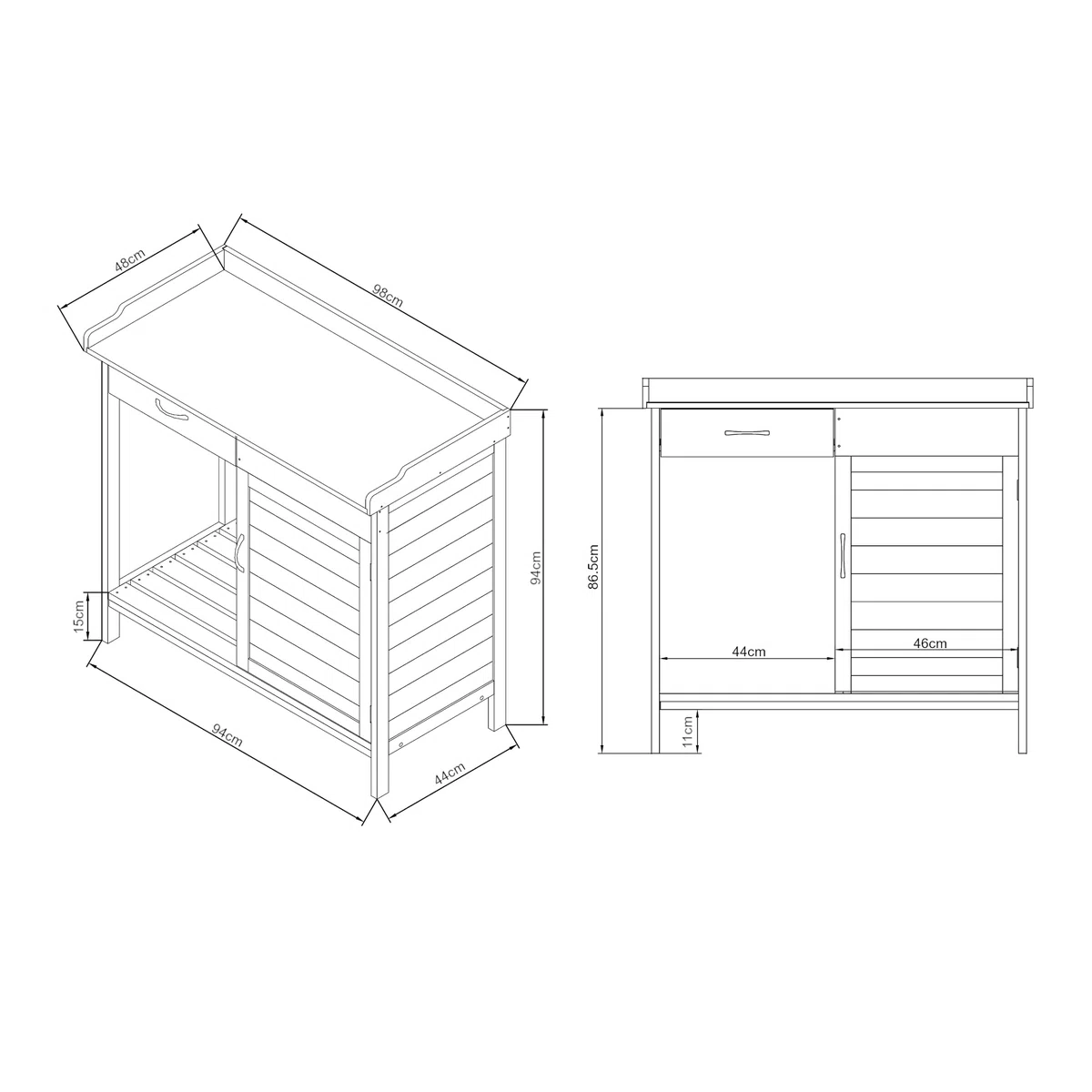 casa.pro Mesa de Jardinería Aliano con 2 Compartimentos Cerrados 1 Cajón Extraíble Mesa Auxiliar Jardín para Plantación Mesa de Cultivo Madera de Abeto Acero 98x48x94 cm - Gris