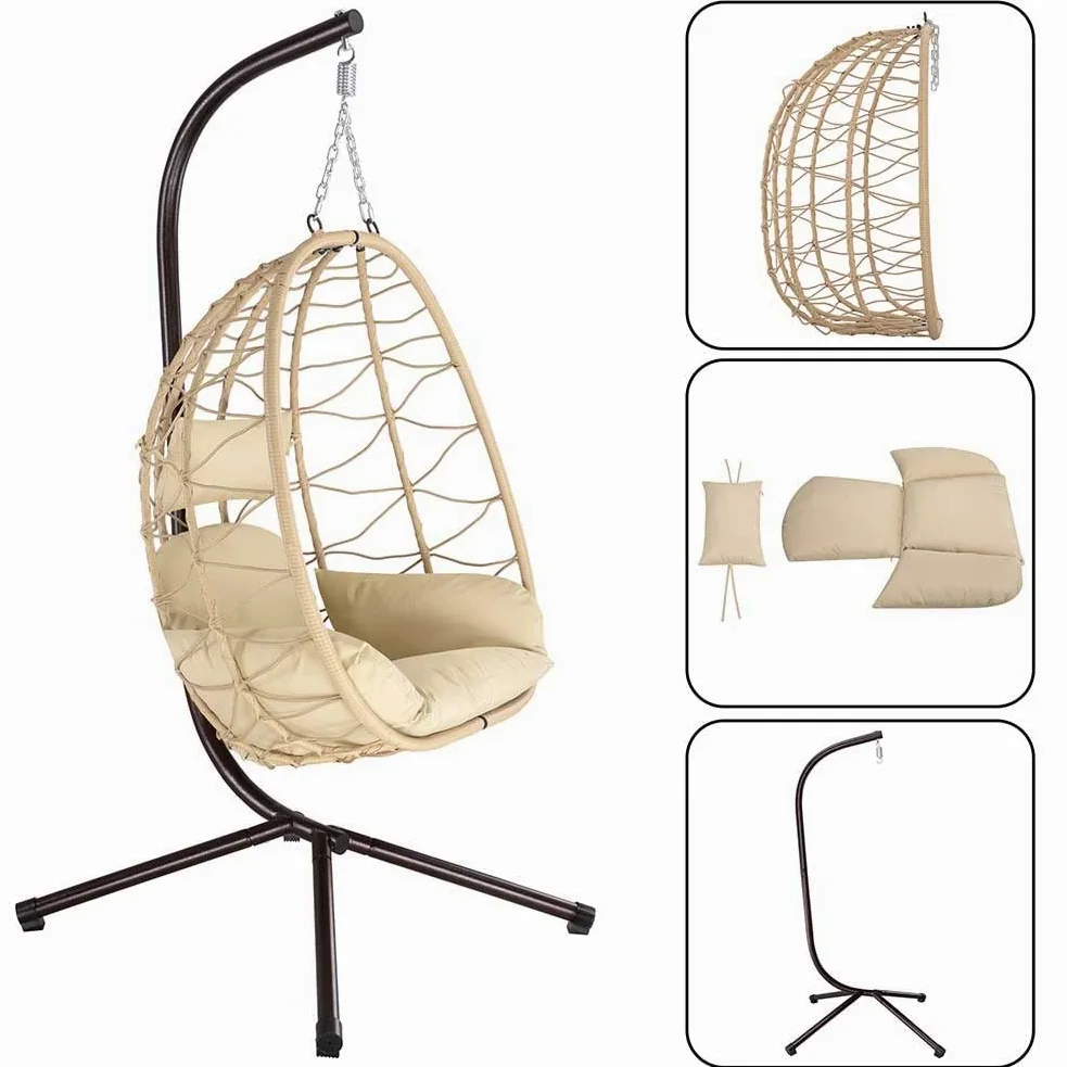 Bakaji Sillón Colgante de jardín, Silla Mecedora Hamaca para Exterior, Estructura de Metal Nido de ratán y Cuerda + cojín Asiento Acolchado y reposacabezas, diseño Moderno, 198 x 110 x 95 cm (Beige)