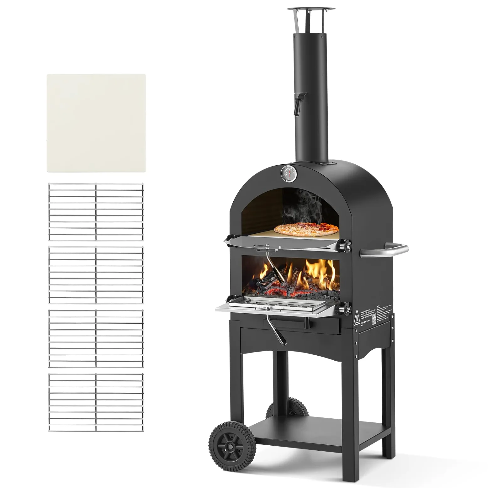 VEVOR Horno de Pizza de Pellets de Leña de 2 Capas, para Exteriores, con 2 Ruedas Extraíbles, Máquina para Hacer Pizzas con Una Temperatura Máxima de 540 °C para Asar, 540 x 445 x 1420 mm, Negro