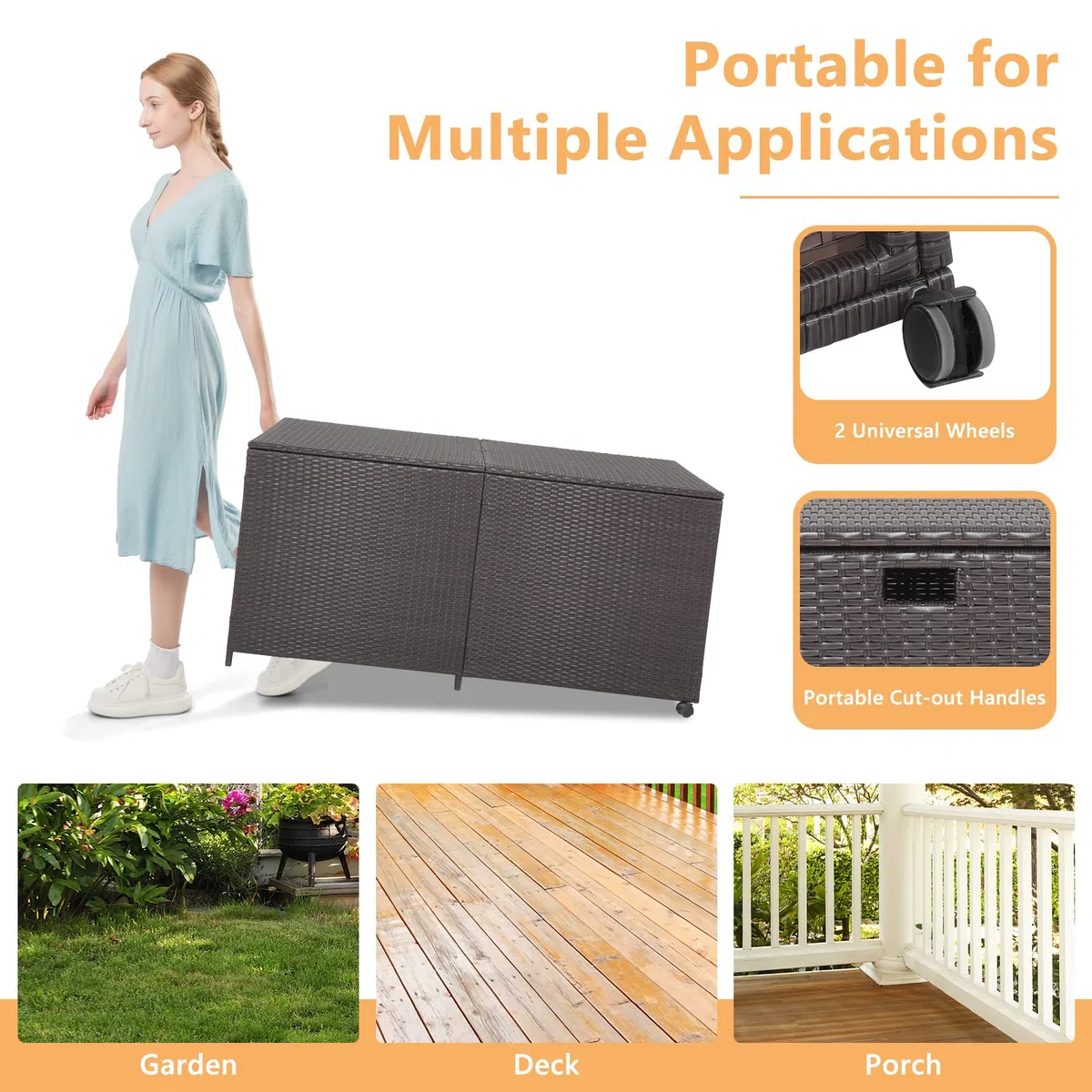 KOMFOTTEU Caja de Almacenamiento de 662 L con Tapa, Baúl de Jardín de Ratán con 2 Ruedas, Arcon Exterior con Asas para Balcón, Terraza, Patio, 150 x 77 x 73 cm