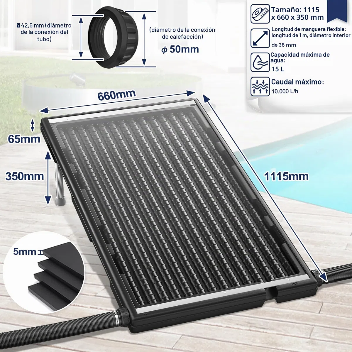 LZQ Calefacción solar para piscina, panel solar, color negro, 15 l, capacidad de agua, para piscina, jardín, ducha, agua caliente