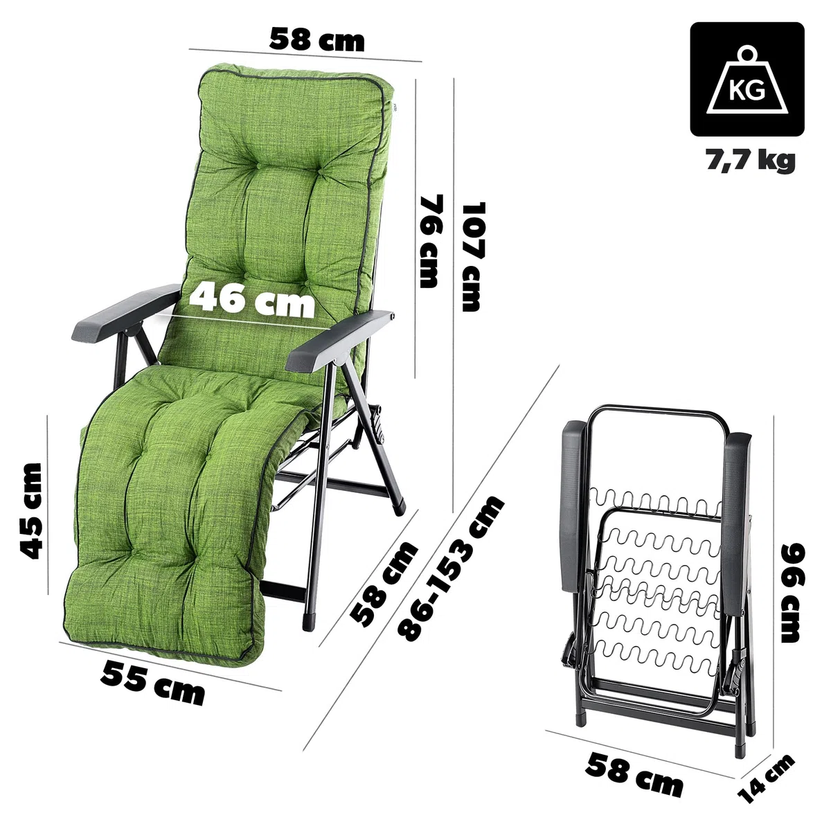 KADAX Silla de jardín con reposapiés, tumbona con cojín, tumbona plegable, tumbona de jardín con respaldo ajustable, sillón de jardín, silla de relax (verde)