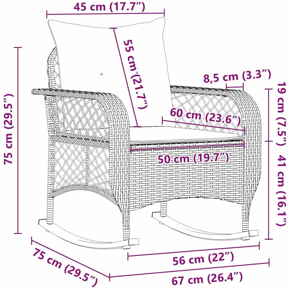 Silla mecedora de jardín beige, ratán sintético, acero, 67x75x75 cm, resistente a UVA, capacidad 110 kg