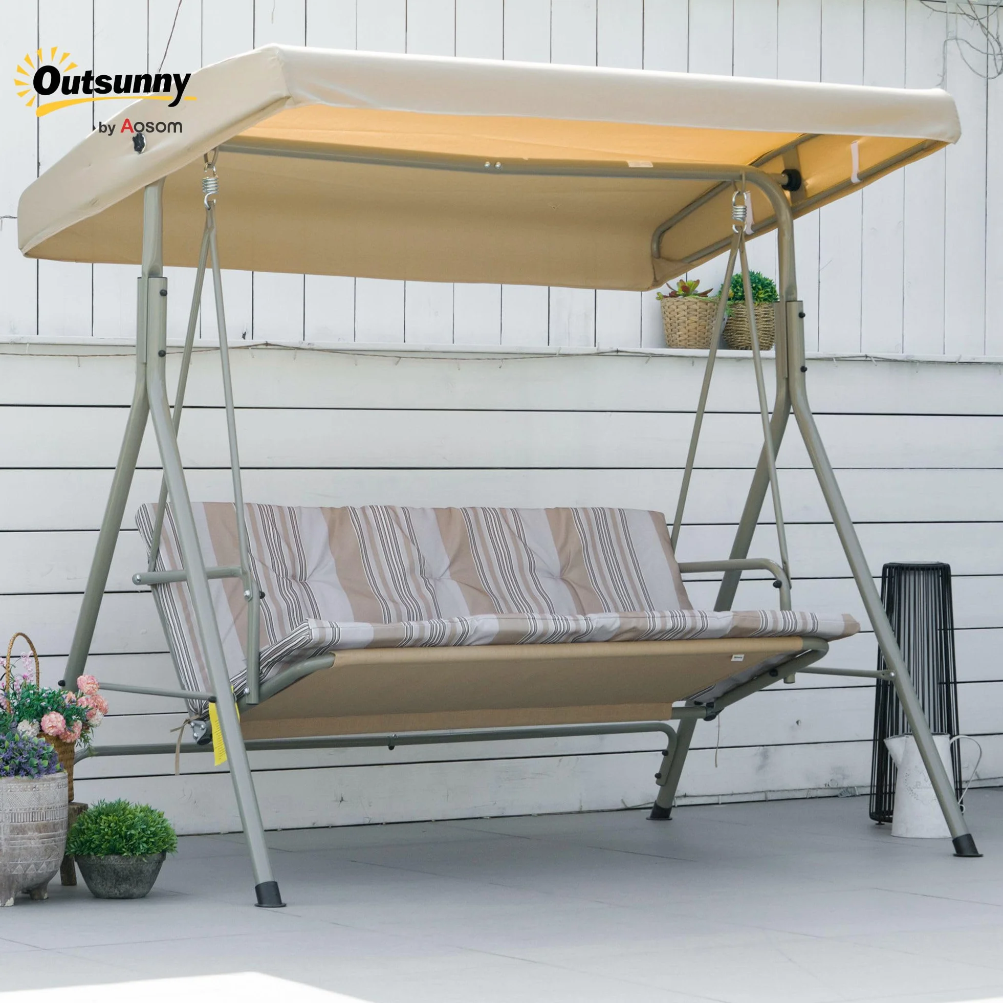 Outsunny Columpio de Jardín Exterior de 3 Plazas, Balancín de Jardín Exterior con Techo Ajustable y Marco de Acero, para Balcón, Terraza, Patio, Carga 210 kg, 172x110x156 cm, Marrón Claro