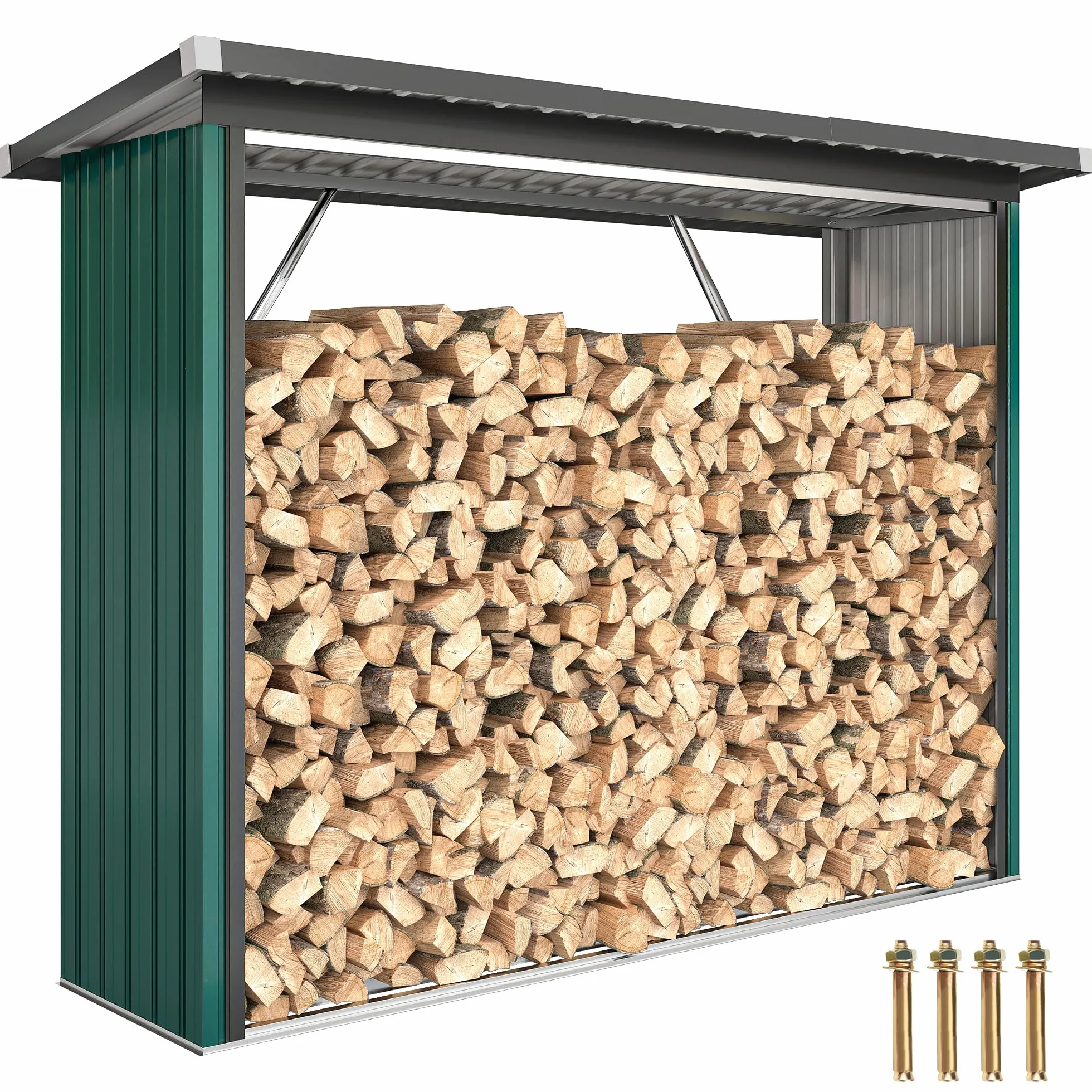 Outsunny Casetilla para Leña de Acero Galvanizado con Base Elevada y Techo Inclinado Cobertizo Leñero Exterior de Almacenamiento de Troncos 213x66,5x150 cm Verde