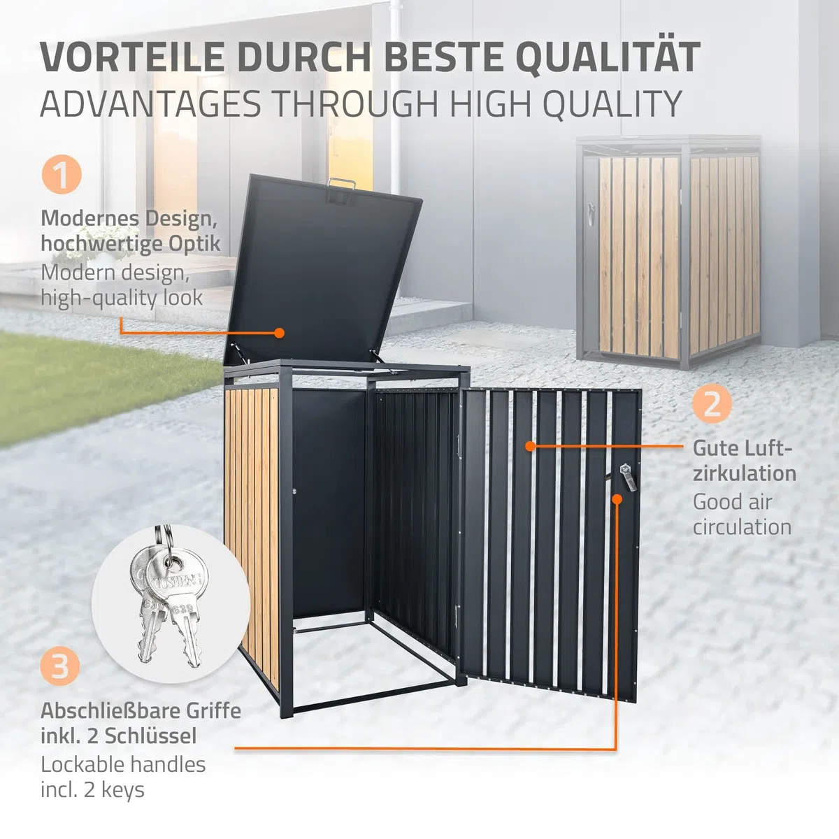 ML-Design Cobertizo para Ocultar Cubo de Basura 240L Antracita Aspecto Madera Alerce 68 x 80 x 116,3 cm Caseta de Acero para Jardín Exterior Contenedor Resistente Caja con Tapa Abatible y Cerradura