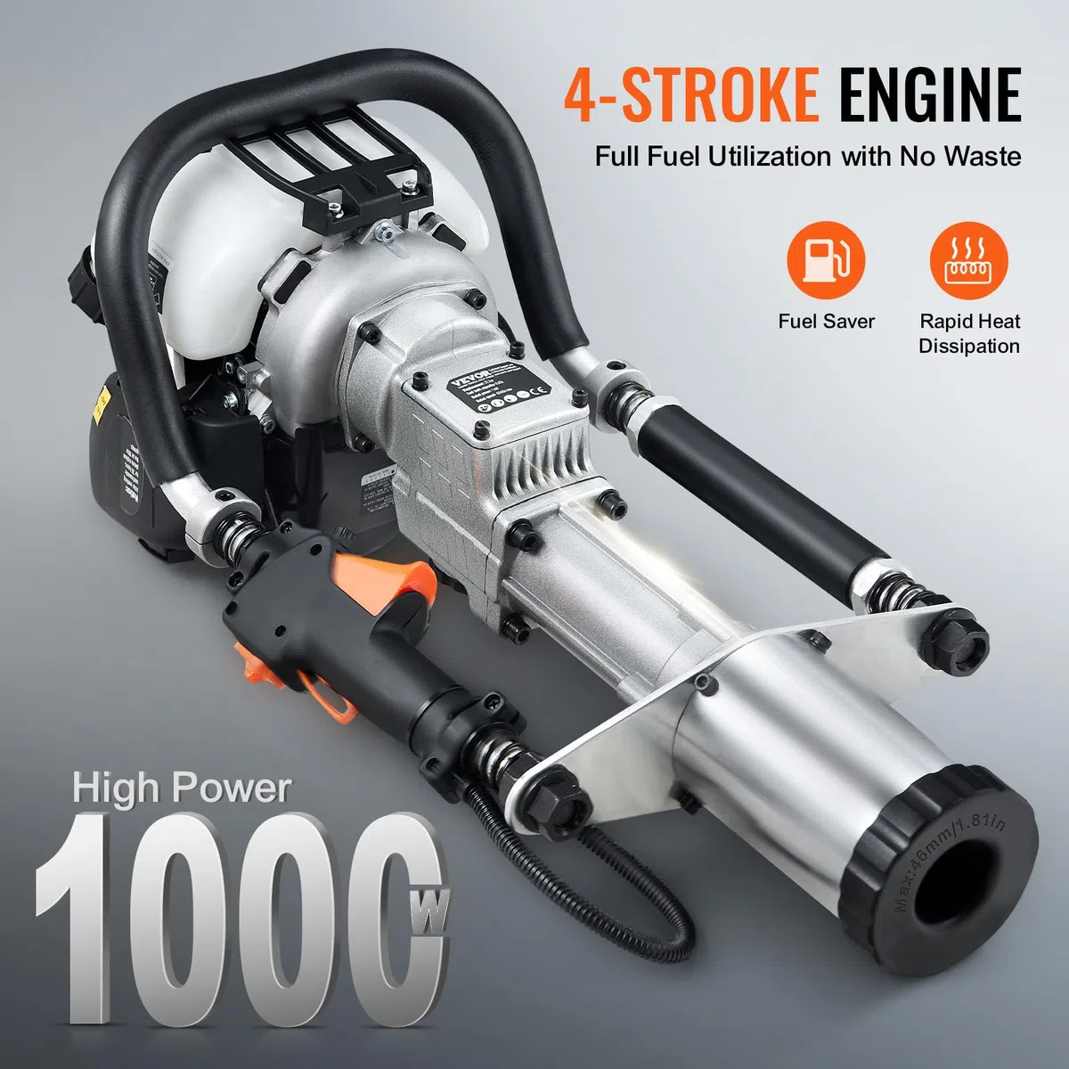 VEVOR Martillo para Hinca de Postes en T a Gasolina 37,77 cc, Motor de 4 Tiempos, con Cabezal para Hincar 3 Postes de 45/55/88 mm, 1000 W, para Cercas de Granjas y Ranchos, Mejoras de Carreteras