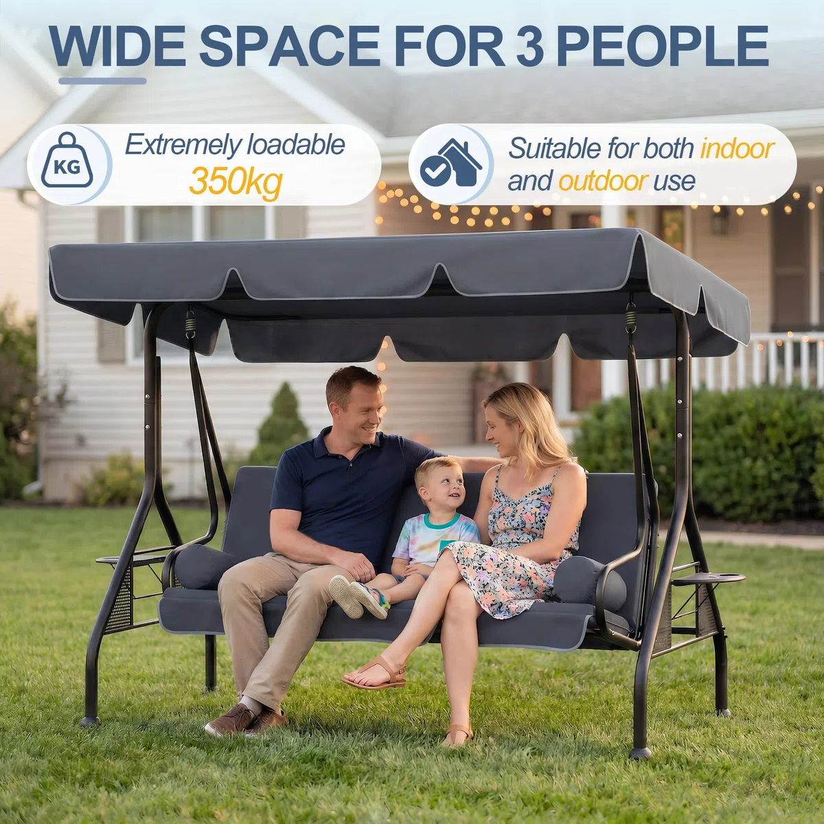 UISEBRT Columpio de jardín de 3 plazas con función reclinable, 2 cojines, 2 bandejas, banco para exteriores, soporta hasta 350 kg, para jardín, piscina, terraza, antracita