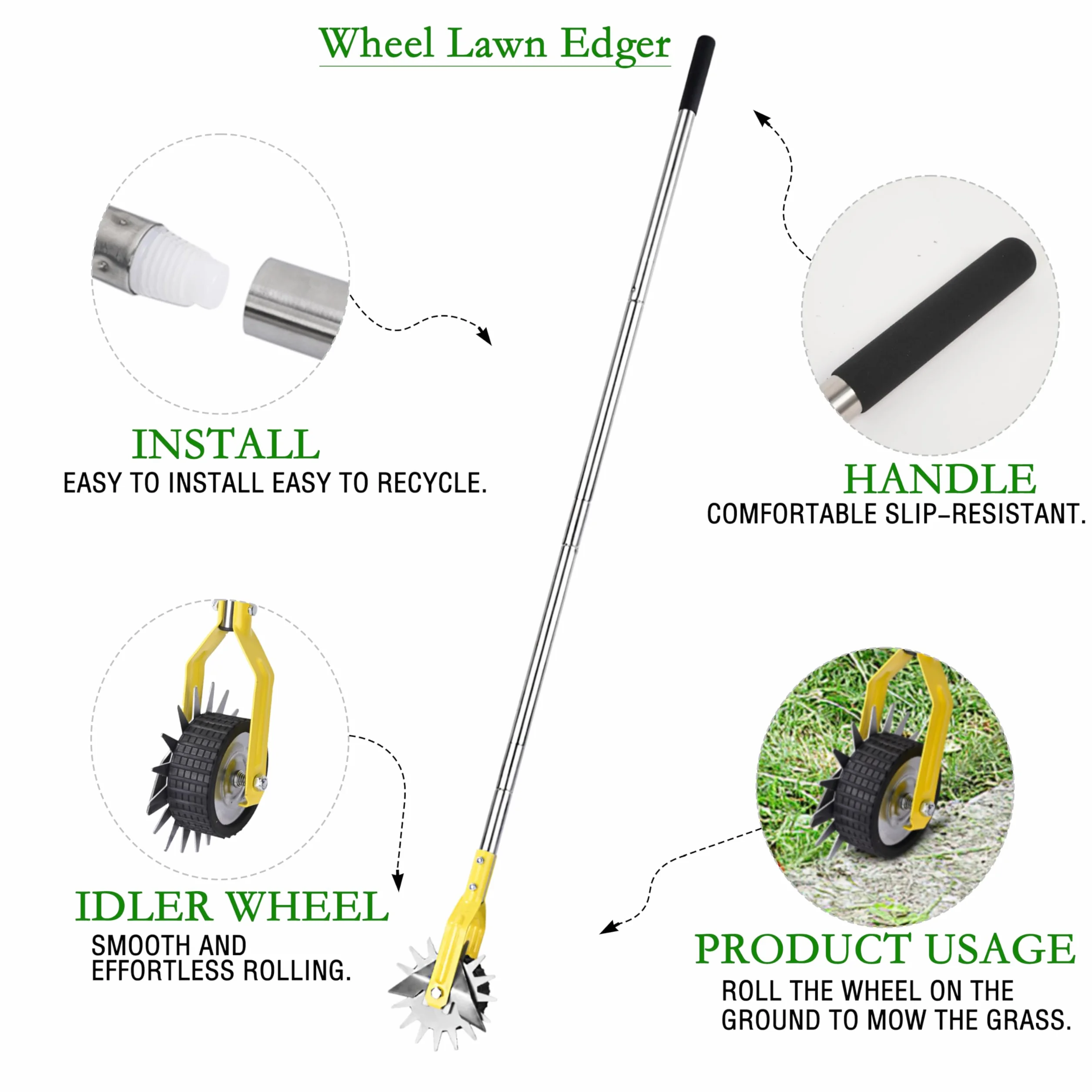 YEELOR Bordeadora giratoria de acero inoxidable amarillo, bordeadora de césped de longitud ajustable, herramienta manual de jardín para aceras, jardines, entradas y bordes de macizos de flores
