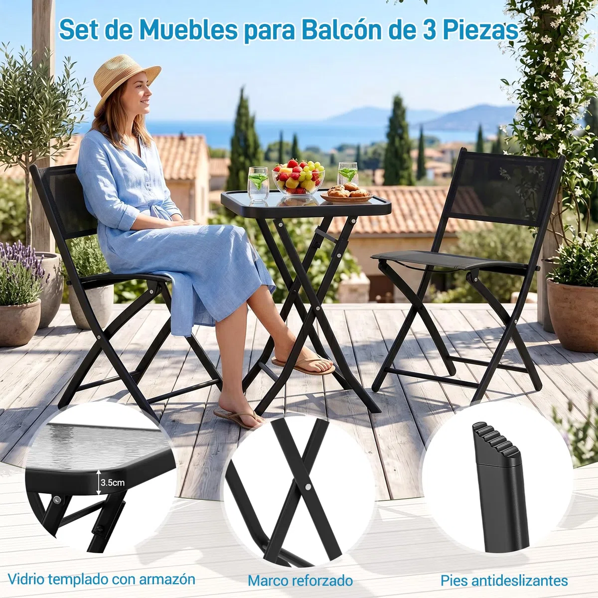 LIFERUN Juego de Muebles de Balcón Plegable, 3 Piezas, Resistente a la Intemperie, con Tablero de Cristal y Sillas de Textileno, 1 Mesa Plegable con 2 Sillas Plegables, Negro