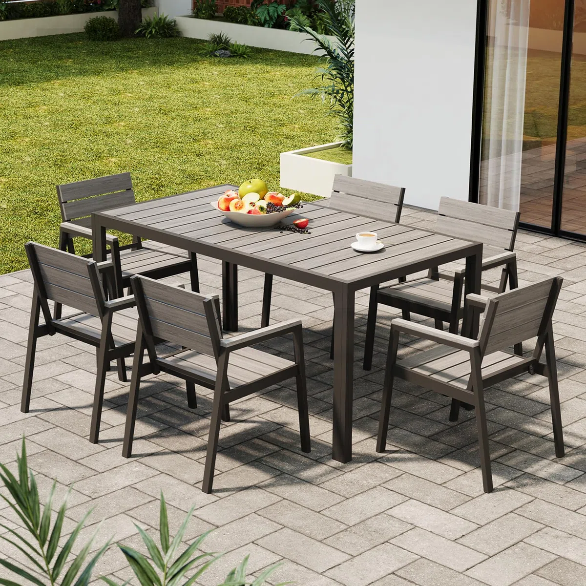 Devoko HDPS Conjunto de jardín de exterior de 7 piezas, resistente a la intemperie,con mesa de 150 cm y 6 sillas de jardín de exterior de aluminio,acabado imitación madera y fácil mantenimiento (gris)