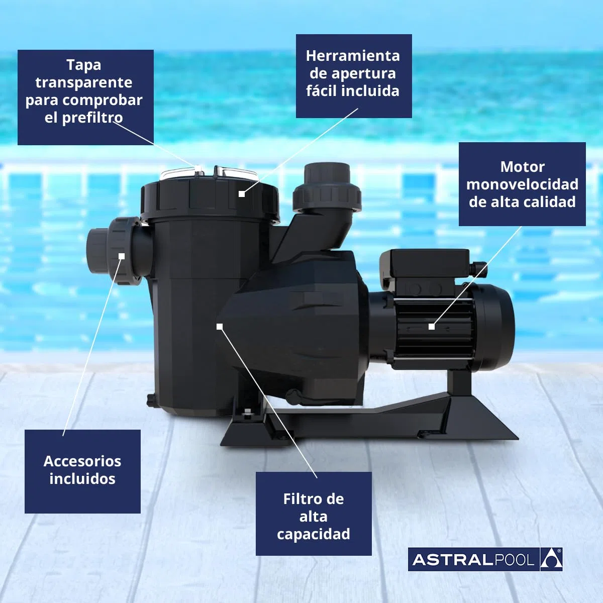 BOMBA PARA PISCINA VICTORIA PLUS 1.5 HP ASTRALPOOL MONOFASICA 21.500 l/h 1,10 kW (1,5 CV) 230 V II Nivel de sonoridad bajo: entre 61 dBA - 70 dBA. 3 AÑOS DE GARANTIA , PESO 14Kg, VOLUMEN M3: 0,07