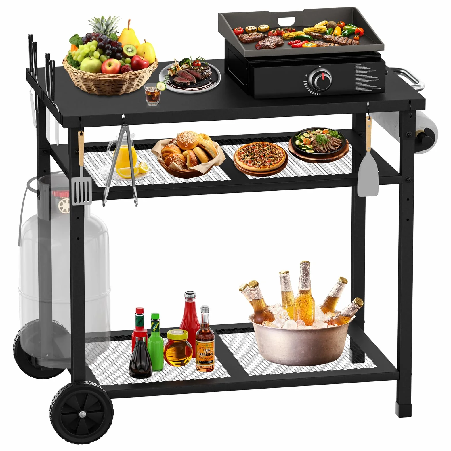Carrito de barbacoa multifuncional, 3 niveles, carrito de cocina con soporte para toallas de papel y ganchos, mesa auxiliar para exteriores (negro)