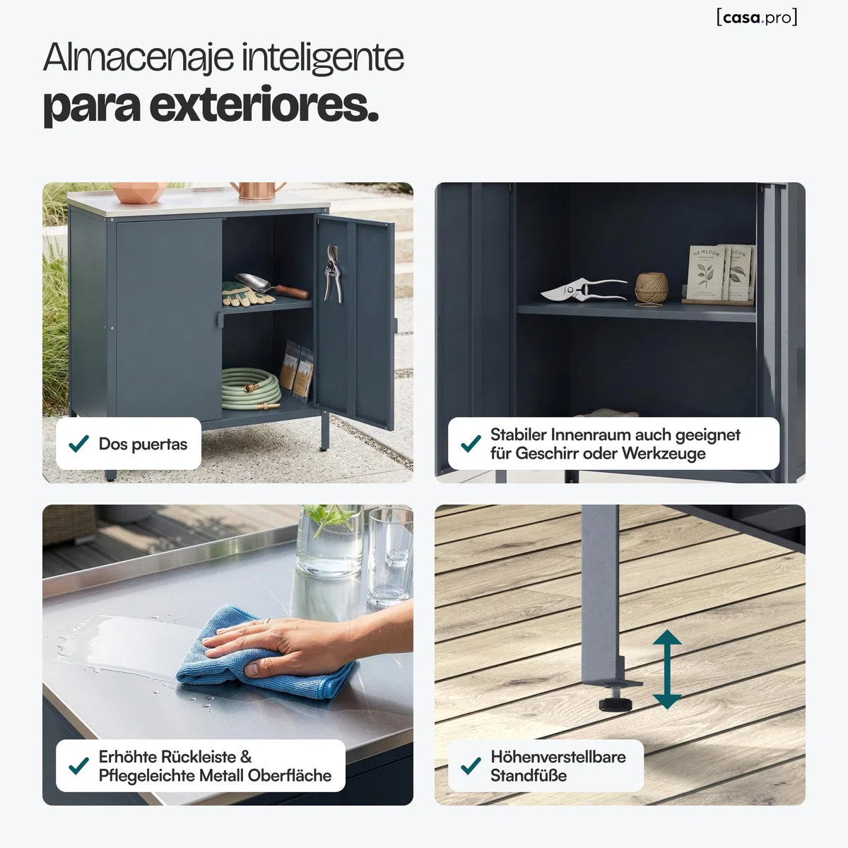 casa.pro Armario Exterior Bolognano con Patas Nivelables 1 Estante Interior para Terraza Jardín Uso Interior y Exterior Almacenaje en el Jardín 92 x 80 x 50 cm Acero - Gris Oscuro/Plateado