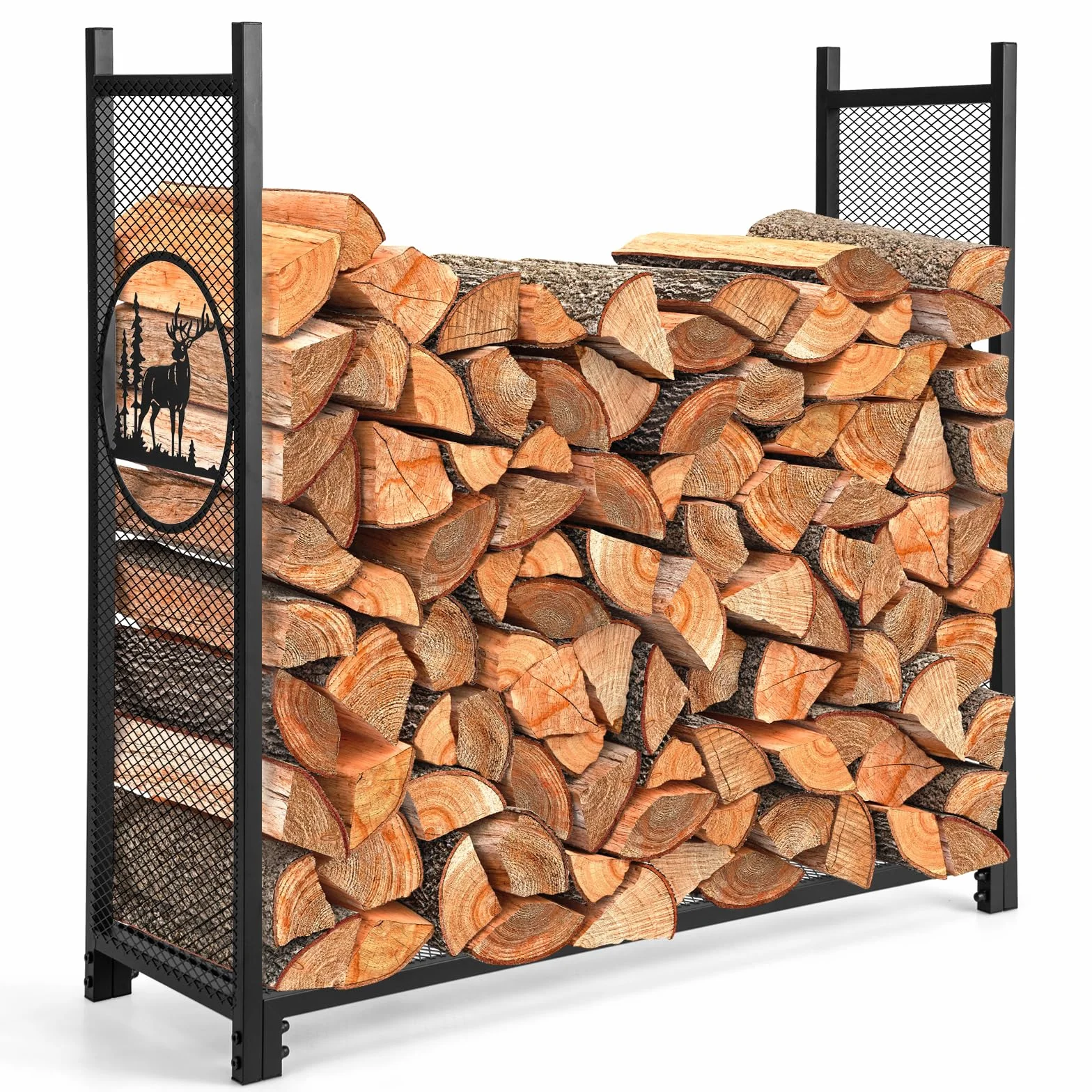 COSTWAY Leñero Exterior/Interior, 121 x 38 x 117 cm, Estante de Leña con Lados de Malla, Base Elevada, Carga de 140kg, Soporte para Almacenar Leña