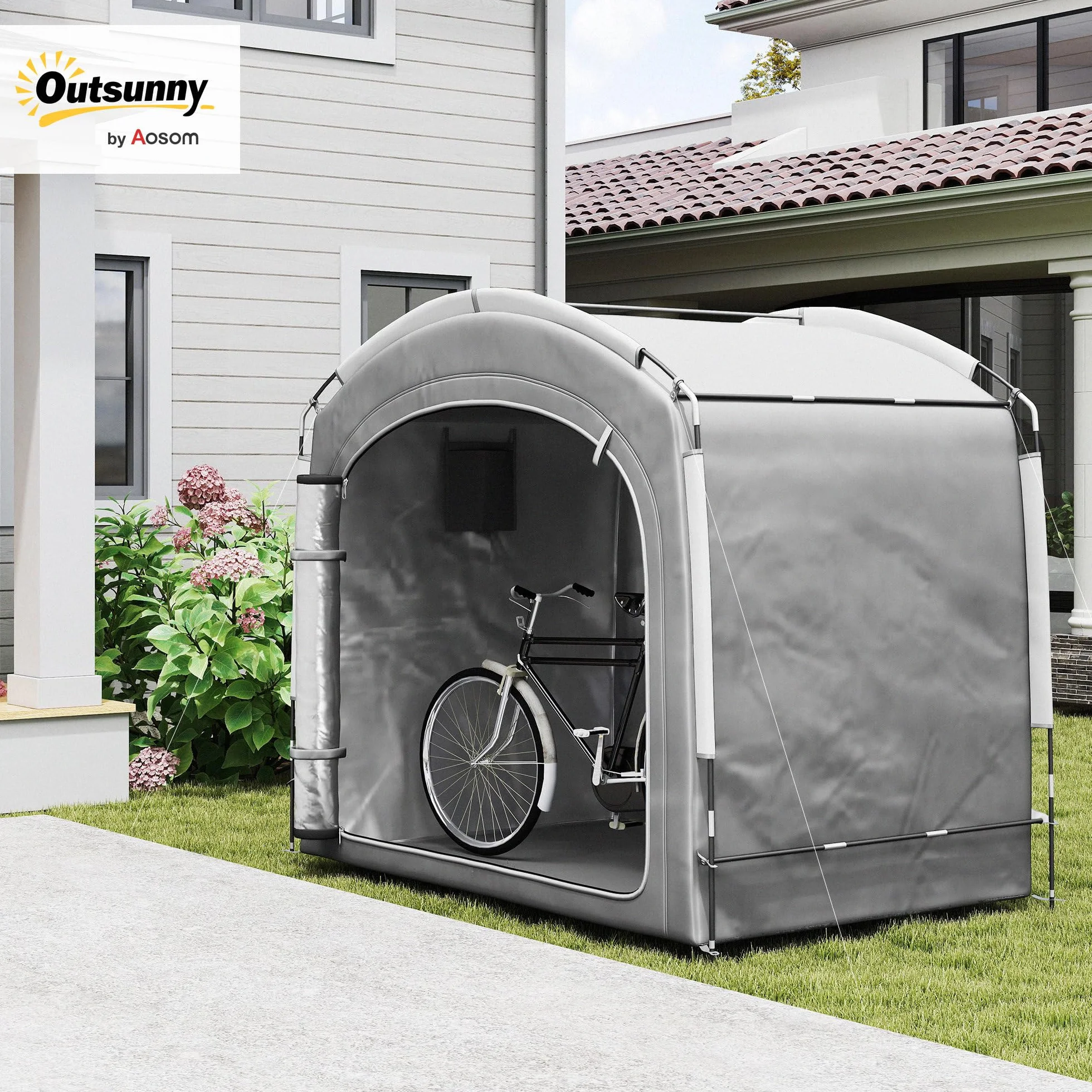 Outsunny Tienda para Guardar Bicicletas en el Exterior, cobertizo portátil para 3-4 Bicicletas con 2 Bolsillos Laterales, 205 x 140 x 188 cm, Gris Oscuro