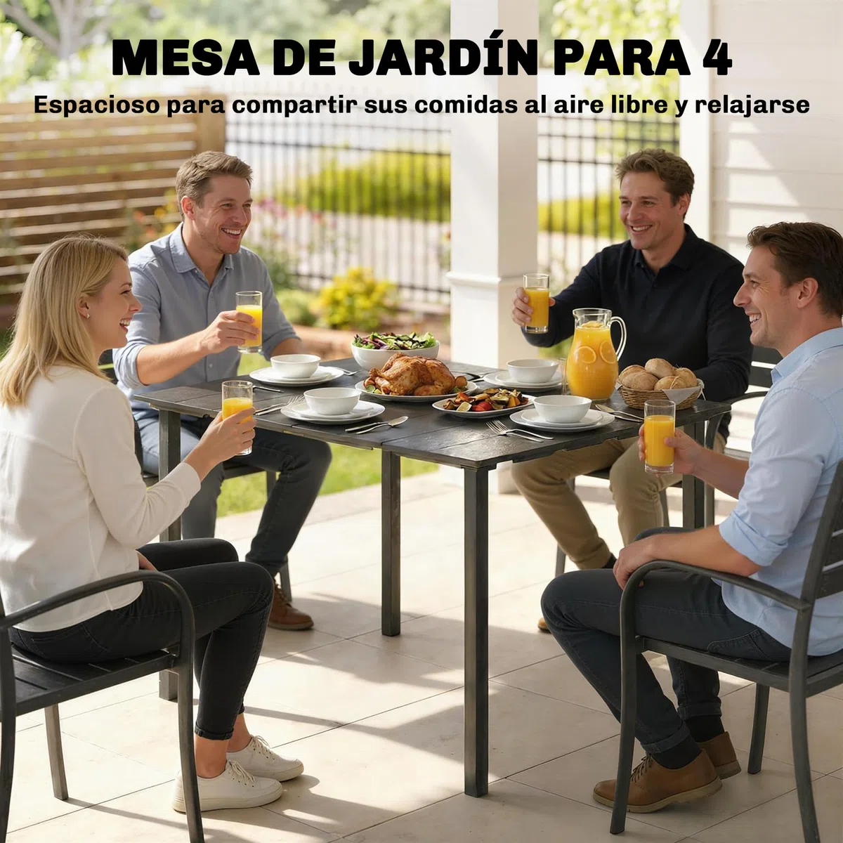 Outsunny Mesa de Comedor de Jardín Rectangular, Mesa de Terraza Exterior 120x90x74 cm, con Encimera de HDPE y Estructura Metálica, para 6 Personas, Carga 50 kg, para Patio, Balcón, Negro
