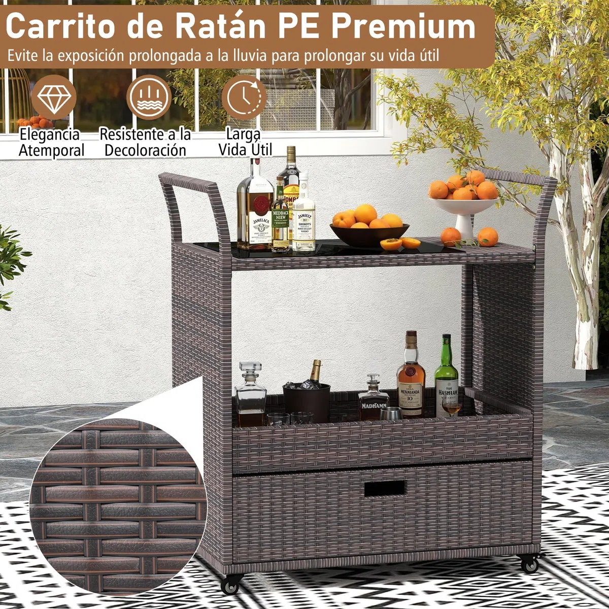 COSTWAY Carrito de Ratán para Exterior, Mesa Auxiliar Rodante con Encimera de Vidrio Templado, Estante Abierto y Cajón Grande, Carro de Servicio de Ratán PE para Patio Porche Jardín Piscina