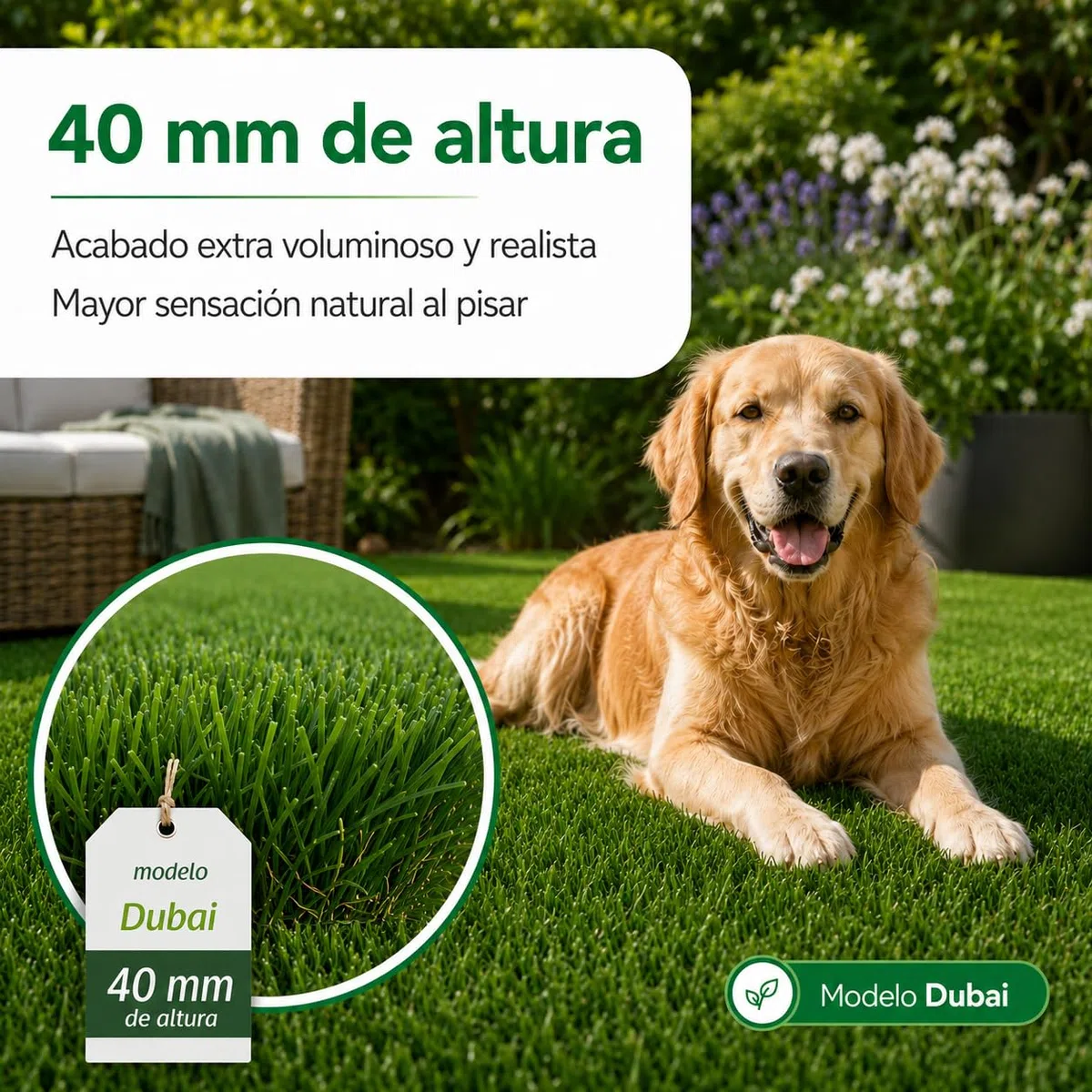 Césped Artificial DUBAI 40 mm | Rollo 1x5 m |Natural y Realista | Resistente UV | Hilo en Forma de C | Reciclable y No Tóxico | Alta Densidad 18.900 Puntadas | Drenaje 800 l/h/m²