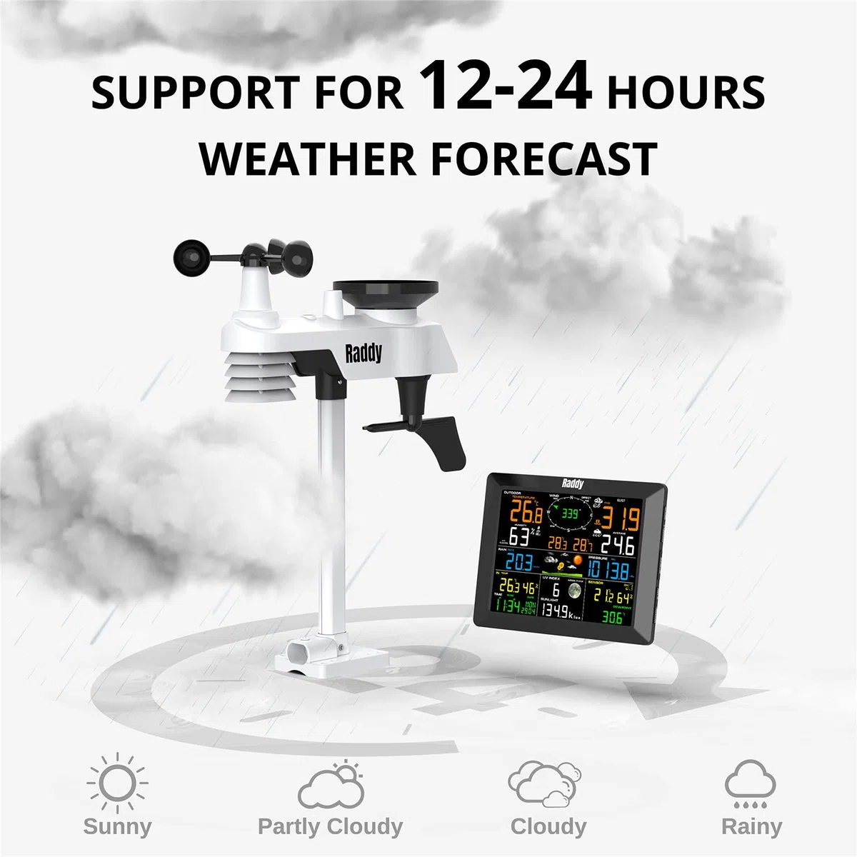 Raddy WF-100C Estación meteorológica wifi profesional con sensor inalámbrico para exteriores, pantalla de 8", barómetro, indicador de viento, indicador de lluvia, sensor solar para el hogar, el jardín