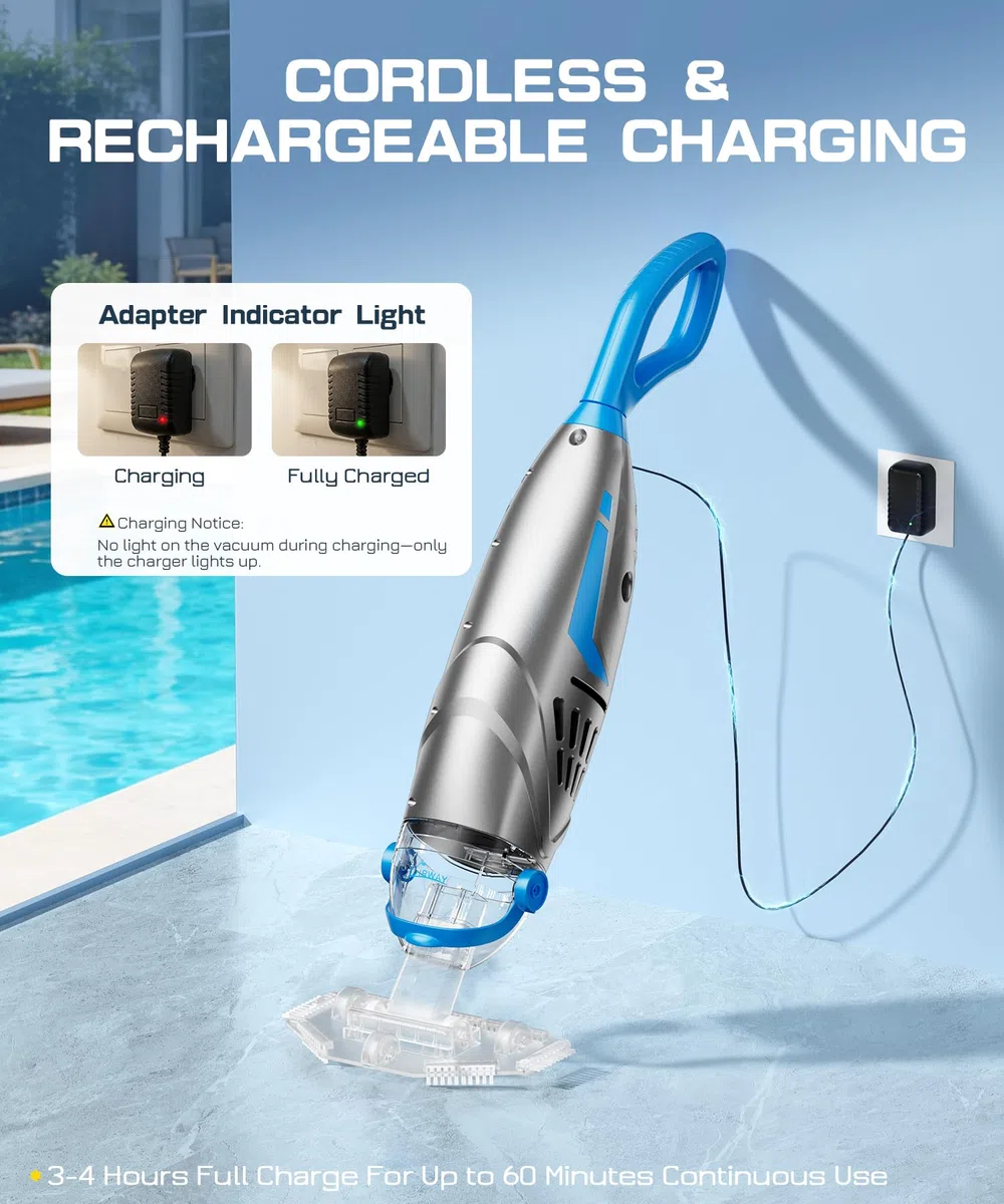 Aspirador de Piscina para Piscinas elevadas y enterradas (2026), 26,5 GPM Alta Potencia succión para Piedras, V3 IPX8 limpiafondos Piscina bateria, 2 Cabezales y 4 Bolsas de Filtro, 1 h de autonomía