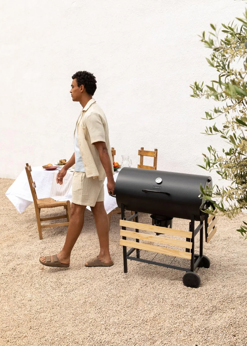 CREATE/BBQ SMOKEY/Barbacoa ahumadora de carbón con ruedas negro/De acero inoxidable, parrilla superior, control de temperatura, bandeja frontral y lateral, fácil de transportar