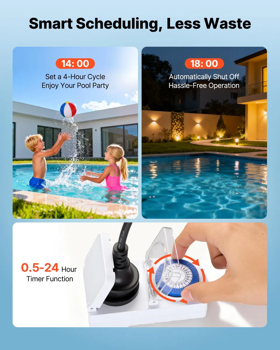 VEVOR Bomba para Piscina 1300 W Caudal Máximo de 28800 L/H Bomba de Filtración para Piscina de Una Sola Velocidad, CA 220-240 V, Altura de Elevación Máxima de 17 m, con Temporizador de 24 Horas